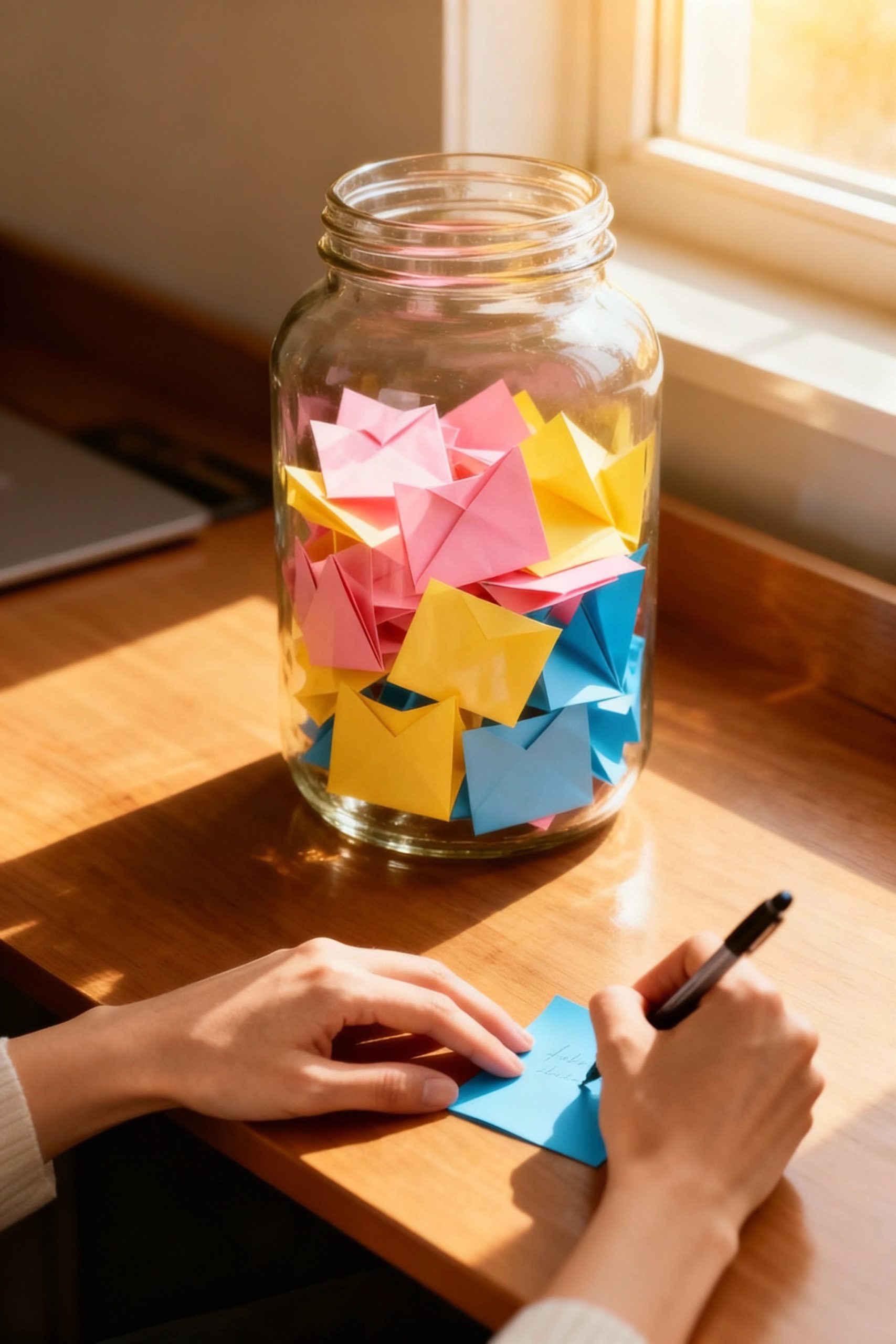 A glass gratitude jar filled with folded colorful paper notes sitting on a sunlit wooden desk, with a person's hands writing on a blue note.