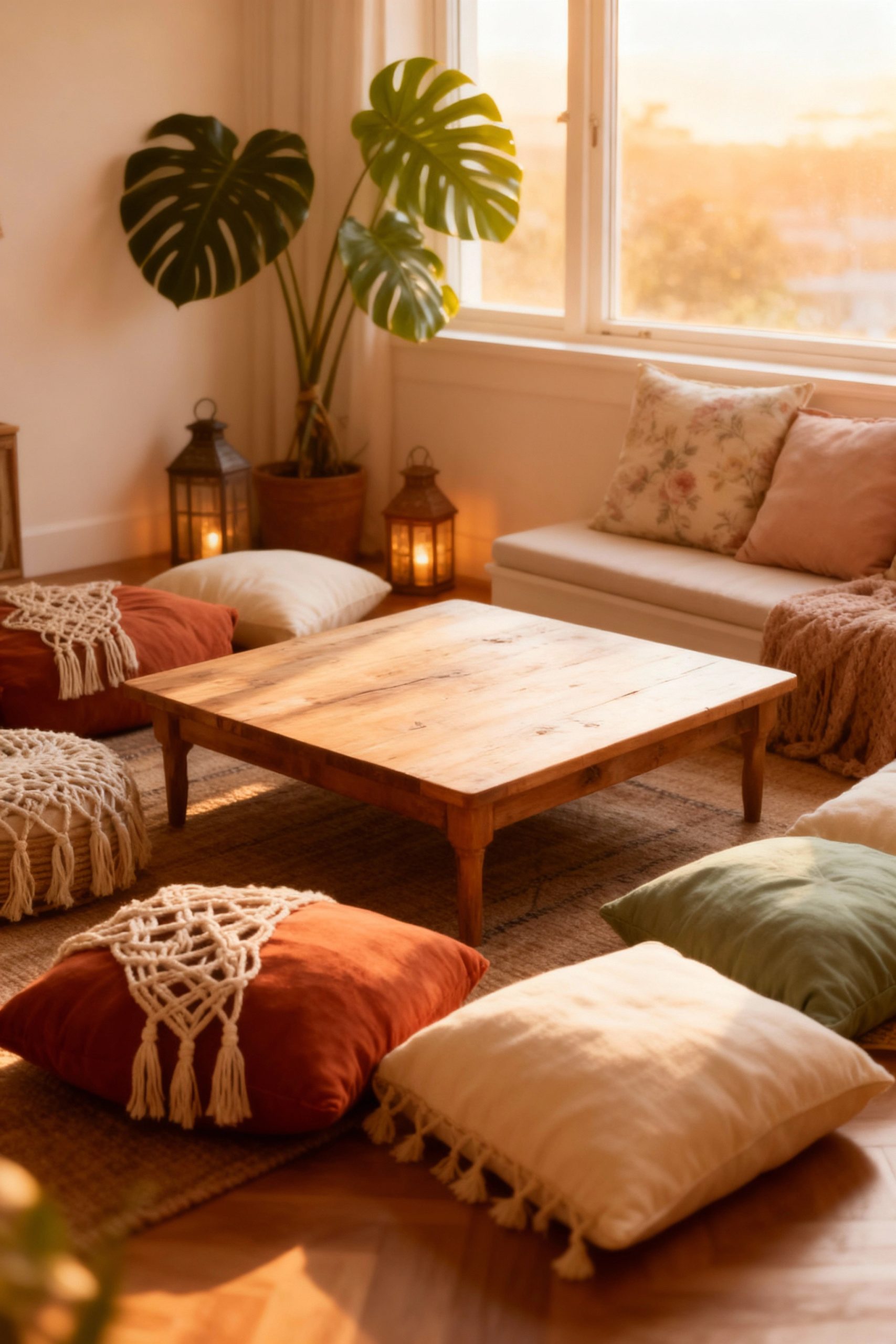 A warm, inviting living space with a low wood coffee table surrounded by bohemian-style floor cushions on a jute rug.