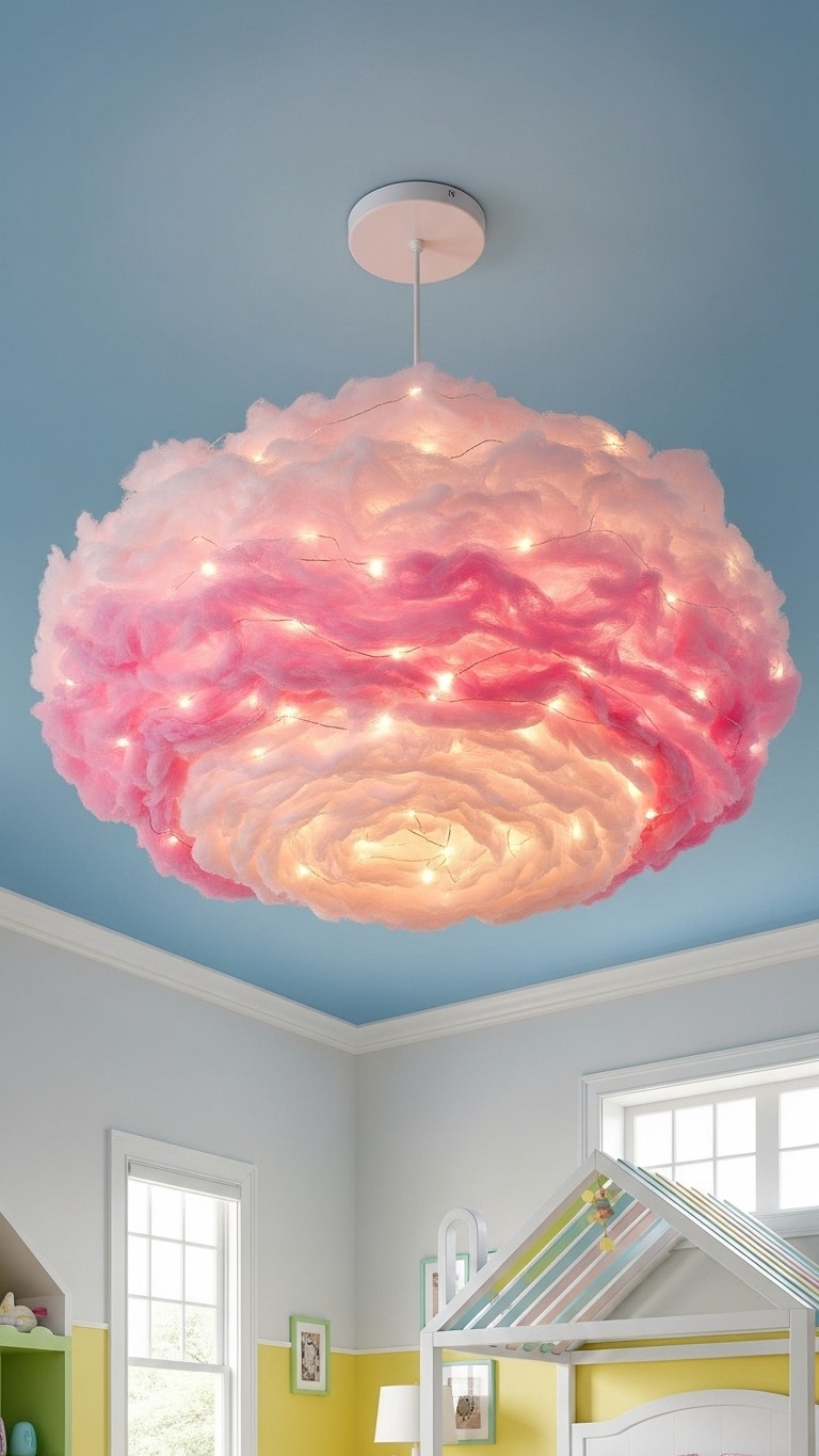 A large, fluffy cloud-shaped ceiling fixture in pink and white hues, with embedded fairy lights, hanging from a blue ceiling in a child's bedroom.