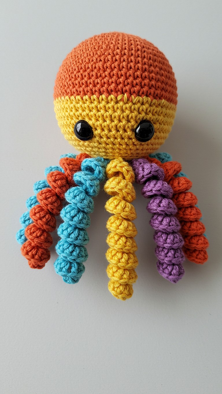 A brightly colored amigurumi octopus with an orange and yellow head and curly tentacles in rainbow colors.