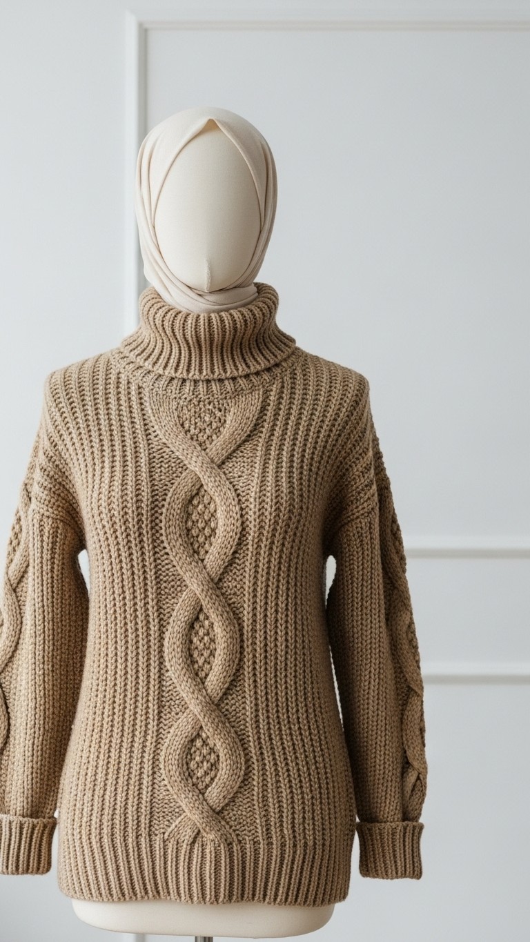 A mannequin dressed in a warm, camel-colored turtleneck sweater. The sweater features complex and beautiful cable knit patterns down the front and on the sleeves.