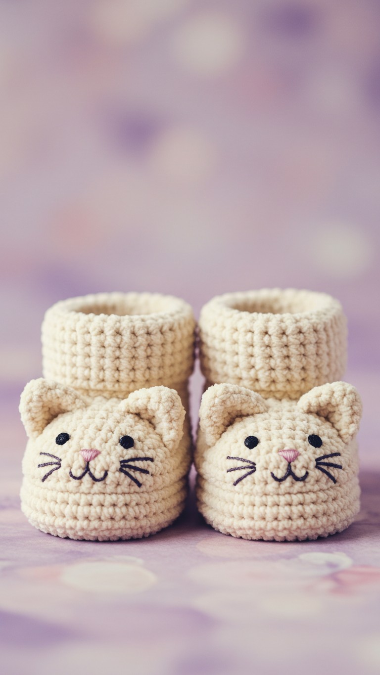 A pair of cream-colored crocheted baby booties designed to look like cat faces with embroidered whiskers and ears, on a soft purple background.