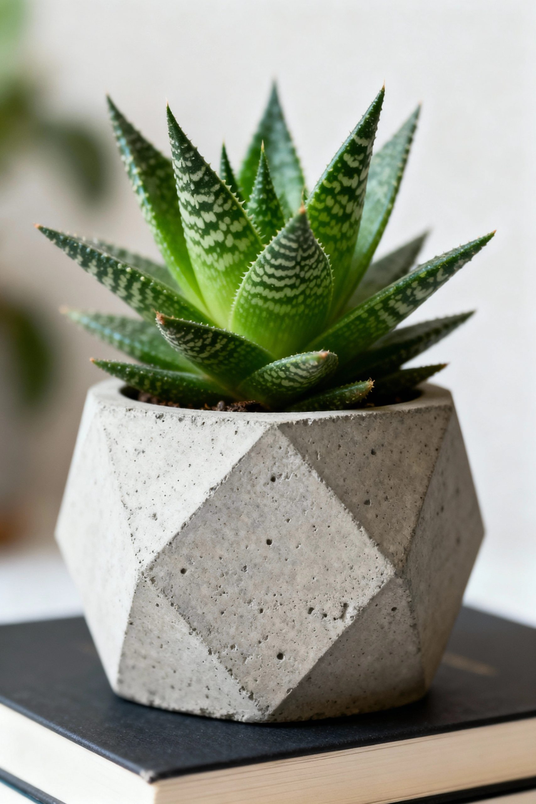 A vibrant green succulent plant in a geometric concrete pot sitting on a book, adding an organic touch to the decor.