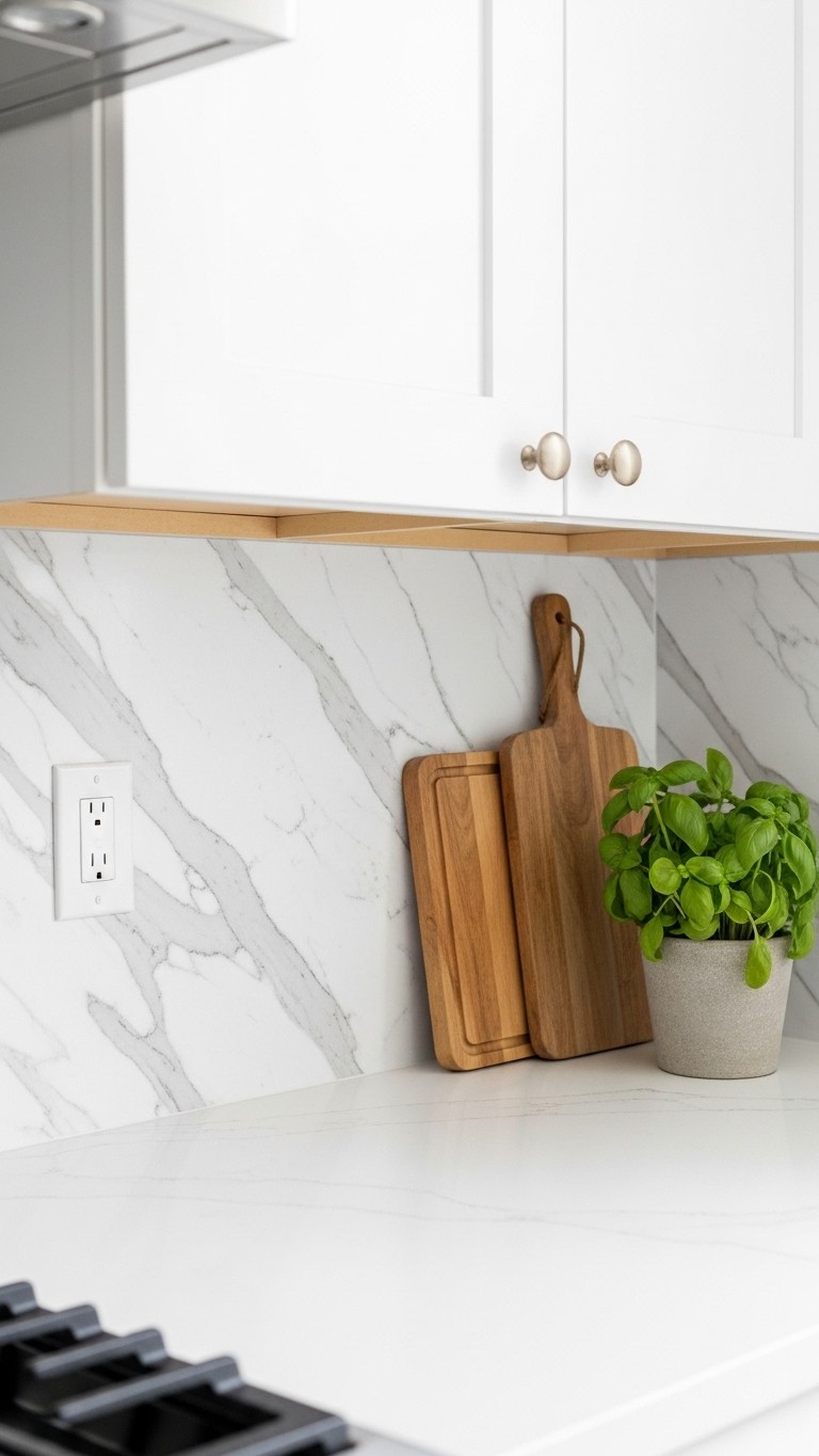 A clean and modern kitchen backsplash covered in a realistic Carrara marble peel and stick wallpaper behind a white countertop.
