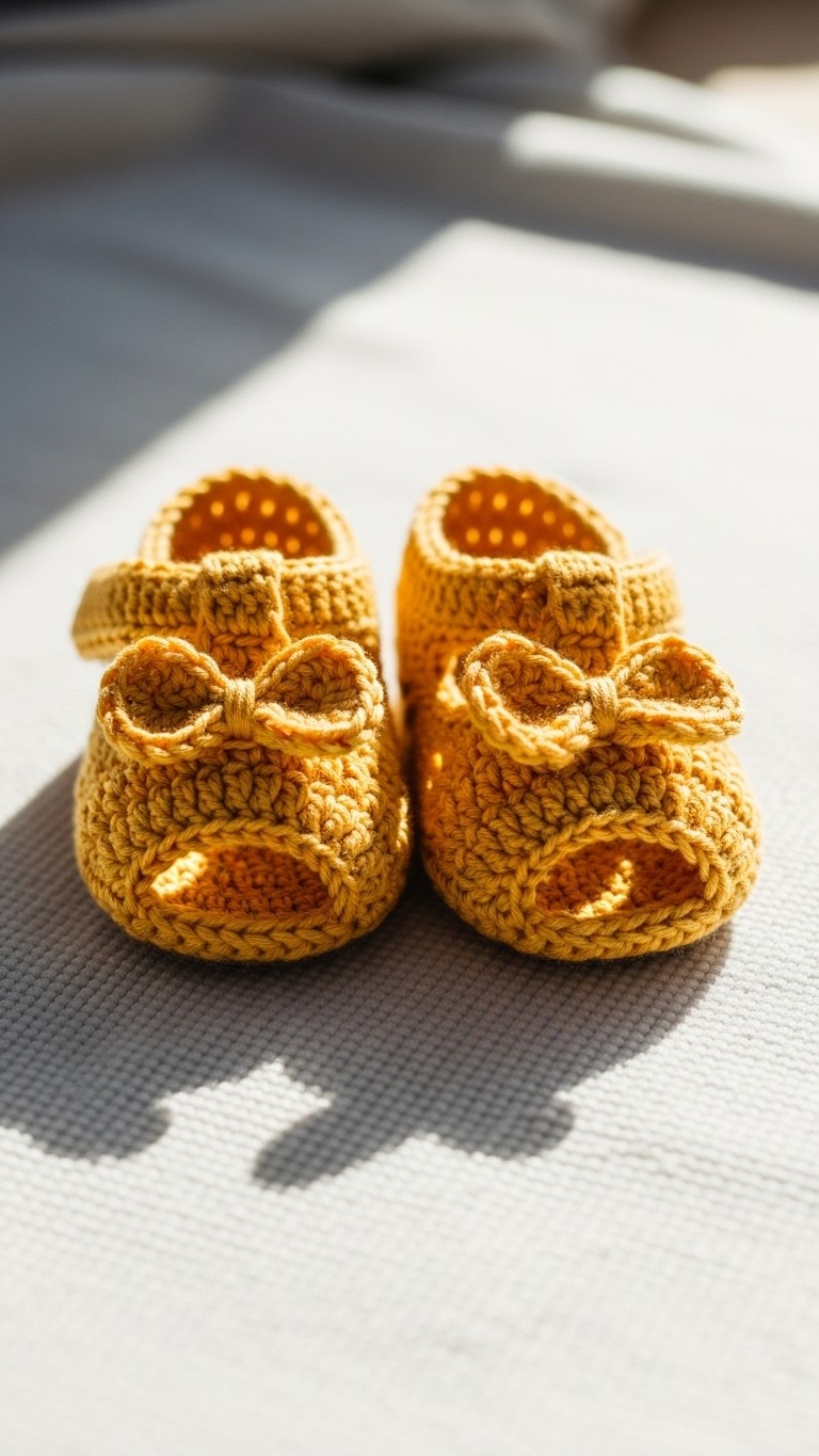 A pair of mustard yellow open-toe crochet baby sandals with bows on the front, casting a shadow in the sunlight.