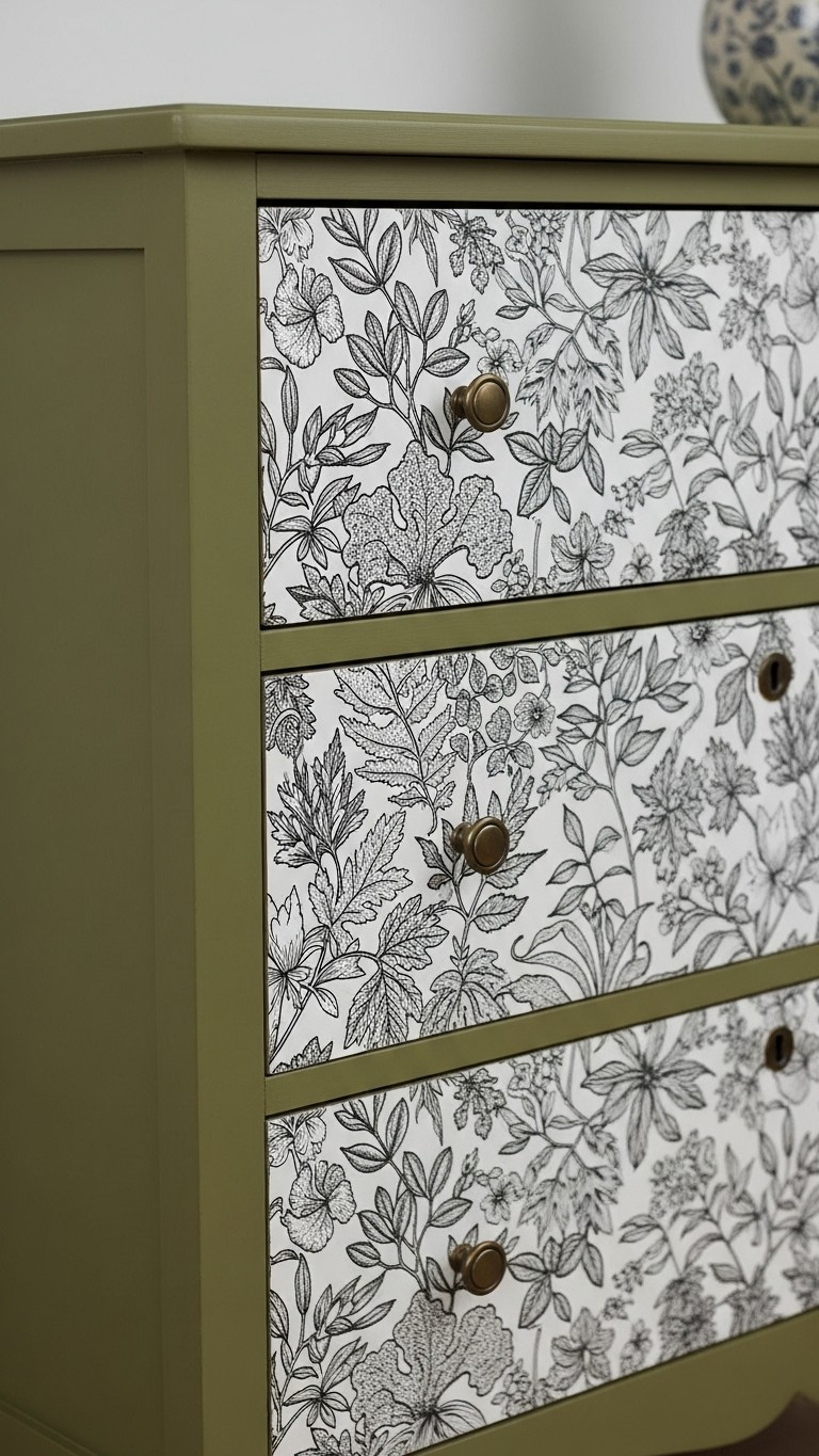 An olive green dresser with its drawer fronts updated using a stylish black and white botanical leaf print peel and stick wallpaper.