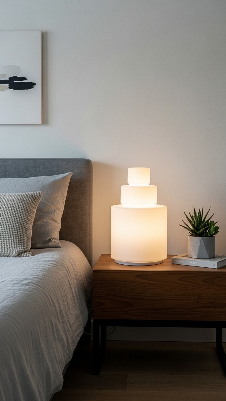 A minimalist white table lamp with a tiered, stacked design, glowing softly on a wooden nightstand next to a bed with grey linens.