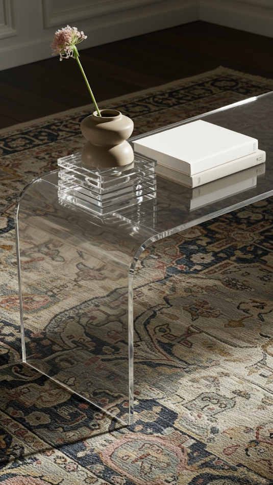 A clear acrylic coffee table, also known as 'invisible furniture', that takes up no visual space in a small living room