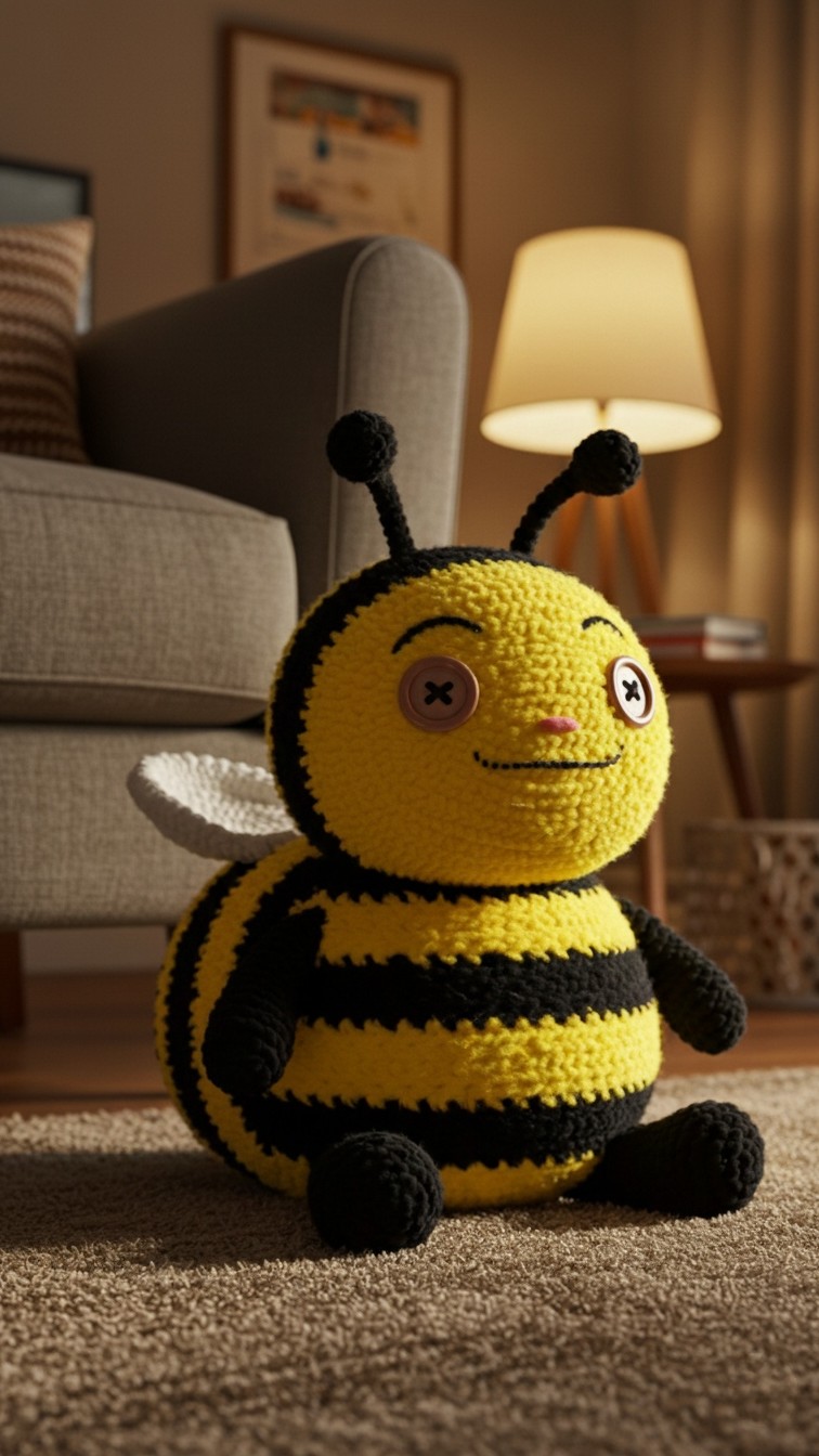 A yellow and black striped amigurumi bee with charming button eyes and a smile, sitting on a brown carpet in a softly lit room.
