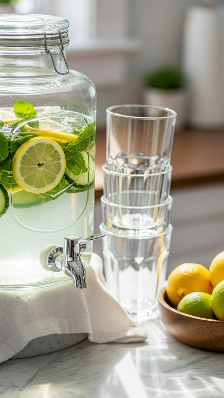 A close-up of a refreshing hydration station with a large glass beverage dispenser filled with lemon and cucumber infused water, next to stacked glasses.