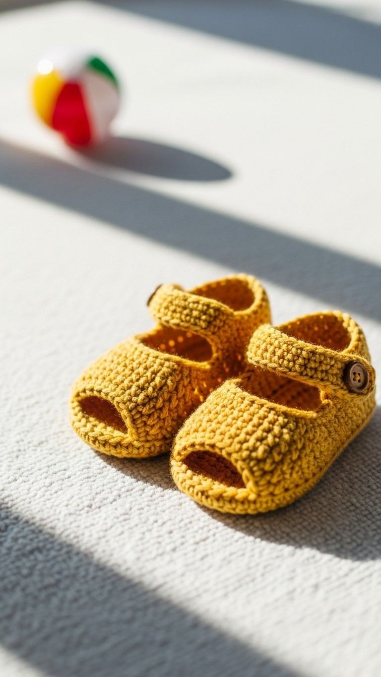 A pair of mustard yellow crocheted baby sandals with an open toe and a button strap, sitting in a patch of sunlight on a white surface.