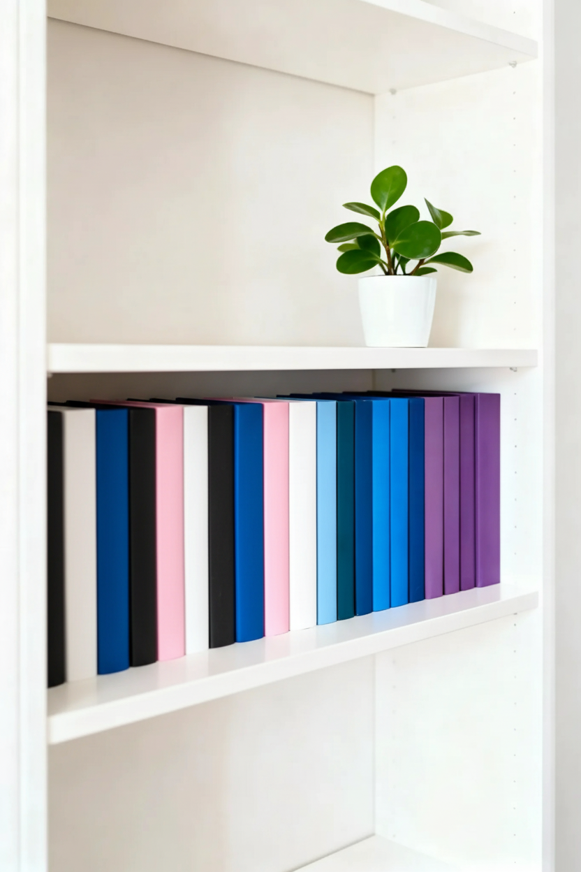 A clean, white bookshelf with books arranged neatly in a rainbow color gradient, with a small green plant on the top shelf.