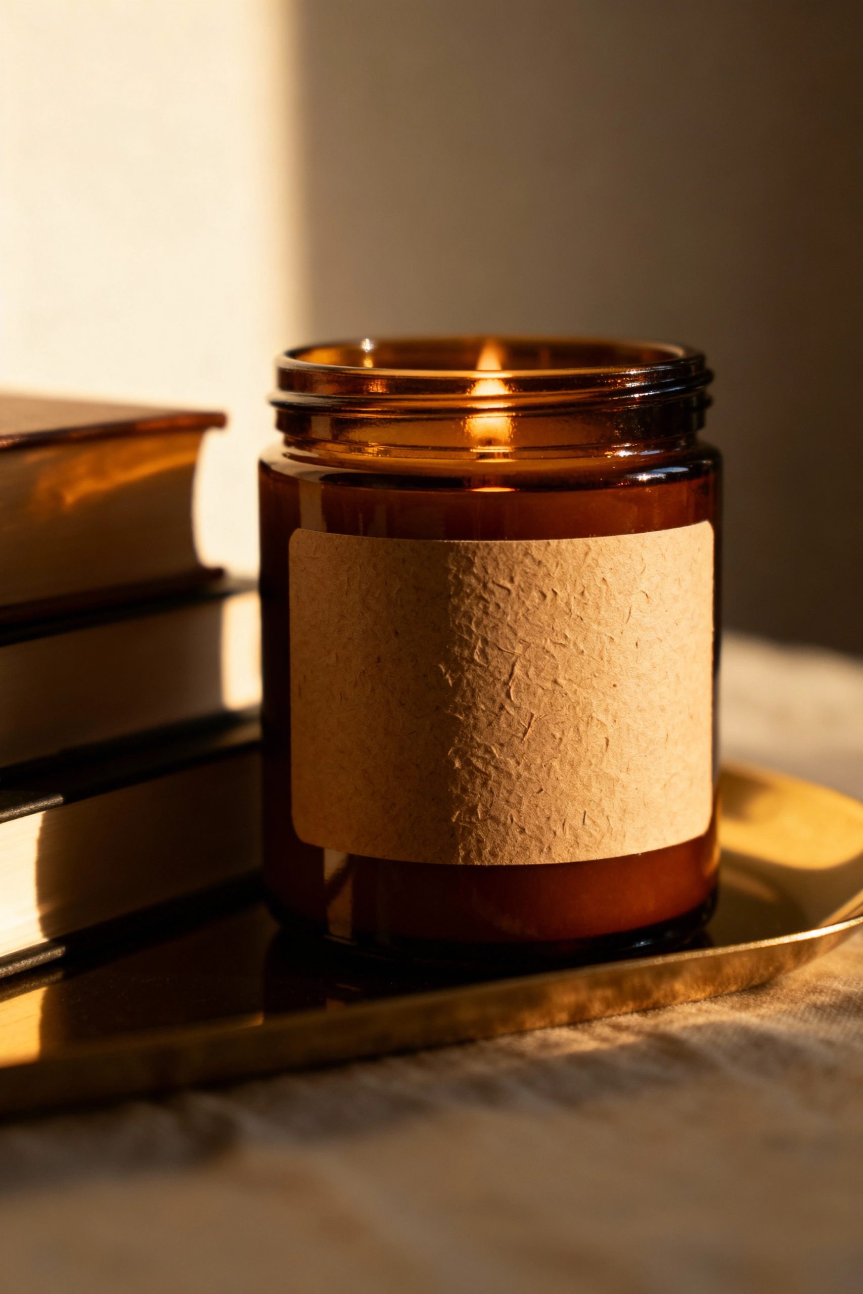 A scented candle in a warm amber glass jar with a blank paper label, illuminated by golden hour sunlight.