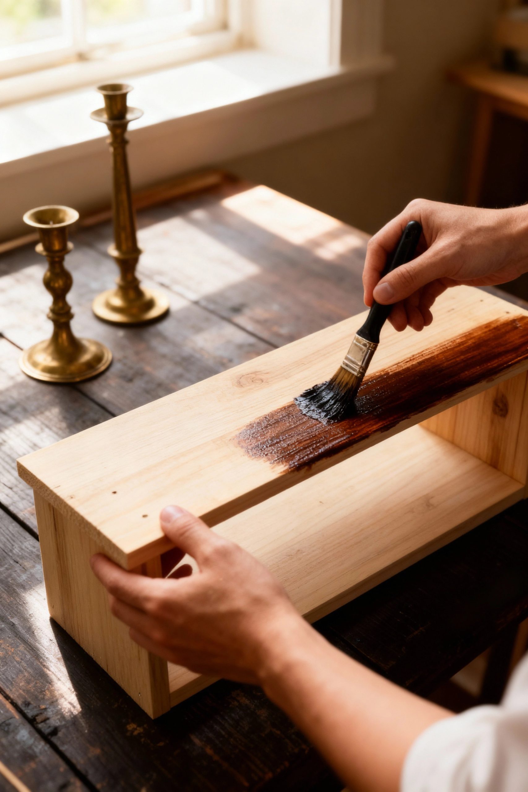 A person's hands applying a dark wood stain to a simple pine shelf, a DIY project idea for achieving the Dark Academia look on a budget.