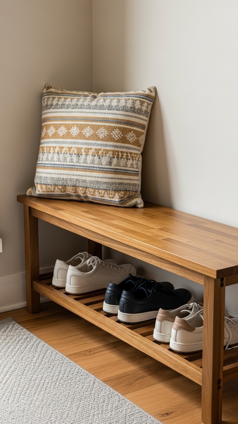 A wooden bench in an entryway with a slatted shelf underneath holding several pairs of neatly organized shoes.