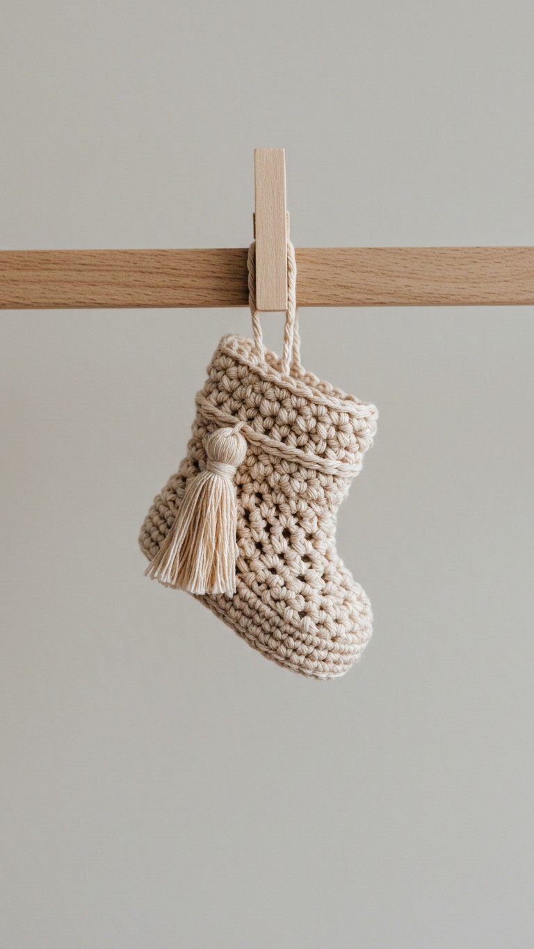 A single cream-colored crochet baby bootie with a tassel hanging from a wooden clothespin on a rack.