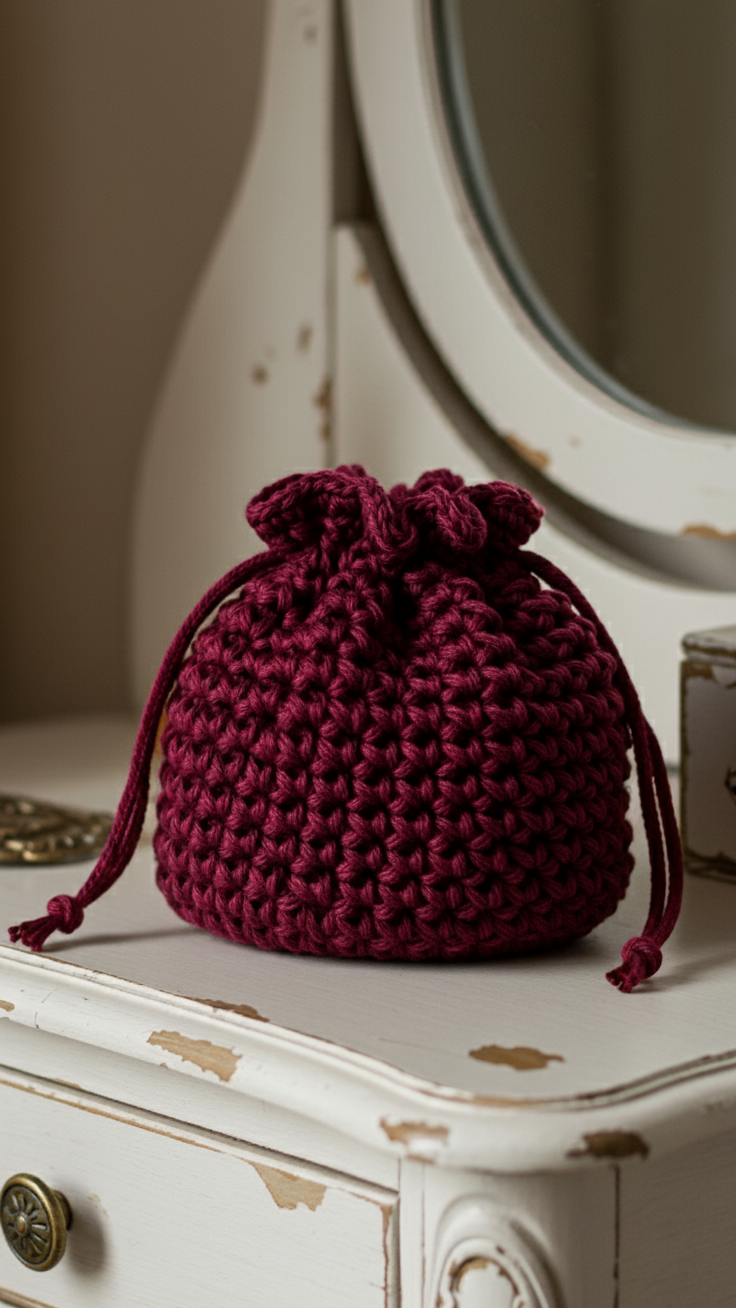 A small, deep red crocheted drawstring pouch with a textured stitch pattern, sitting on the edge of a vintage, distressed white vanity table.