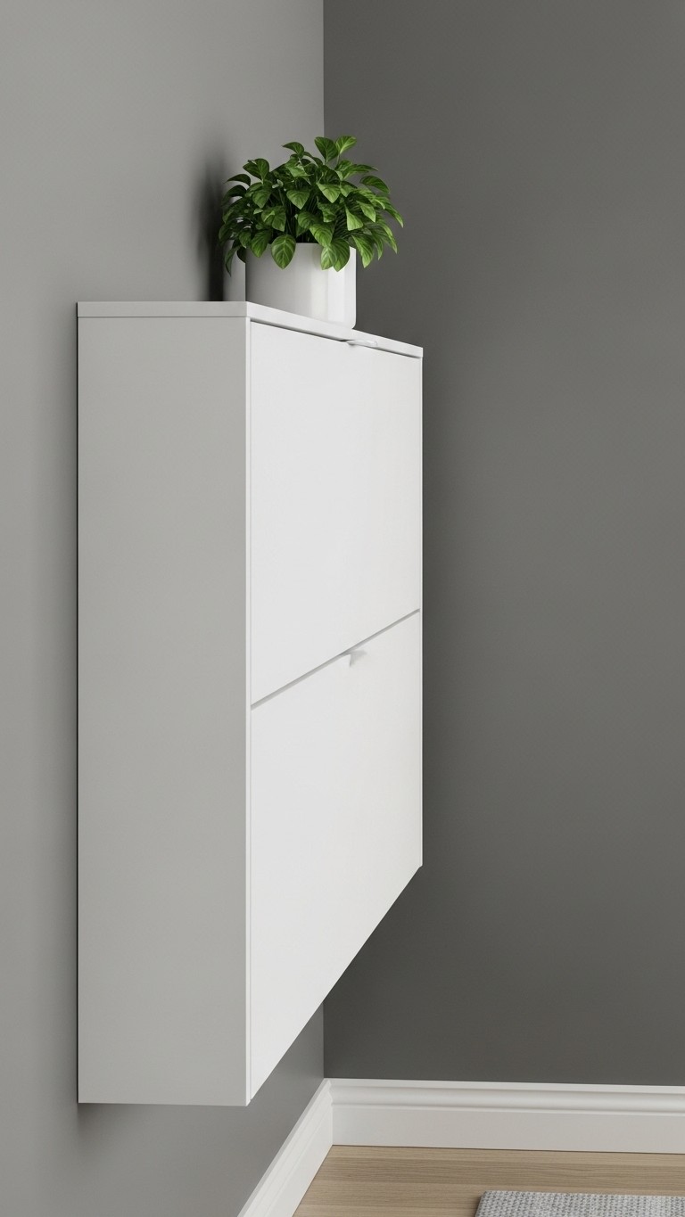 A white, slim, wall-mounted shoe cabinet against a dark gray wall, topped with a small green plant in a white pot.
