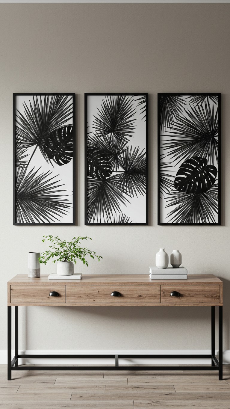 Three large black frames hanging above a console table, each containing a piece of black and white palm leaf peel and stick wallpaper as statement art.