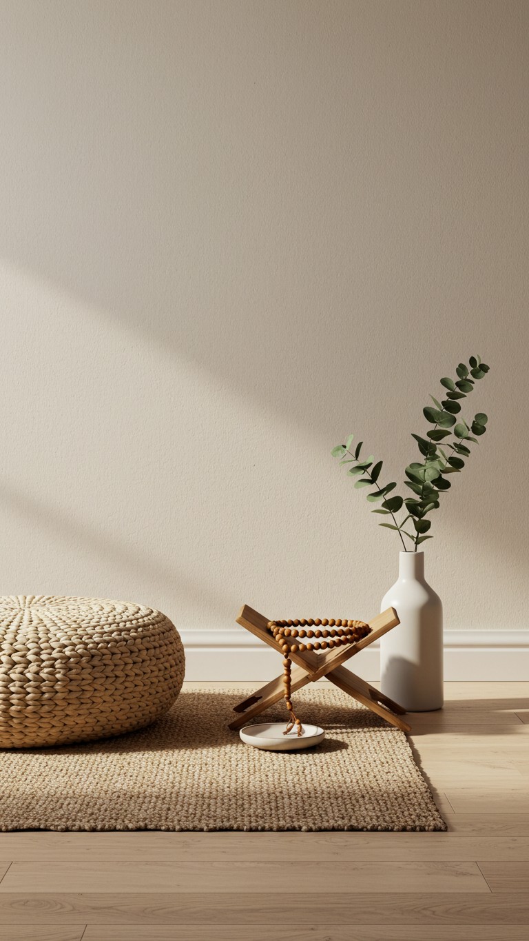 A serene and peaceful reflection spot featuring a woven floor cushion on a jute rug, and a wooden stand holding prayer beads next to a vase with eucalyptus.
