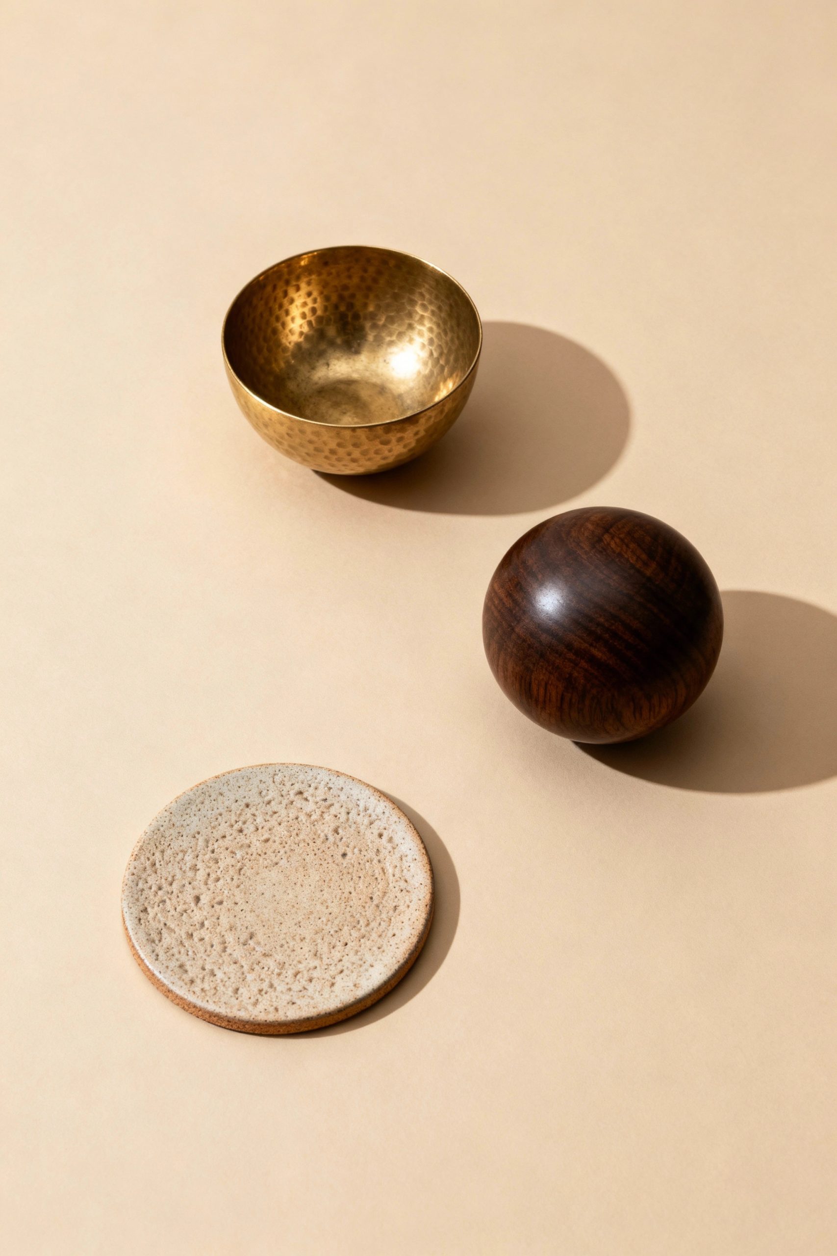 A flat lay photograph demonstrating the rule of odds with three decor items: a hammered brass bowl, a dark wood sphere, and a speckled ceramic coaster.