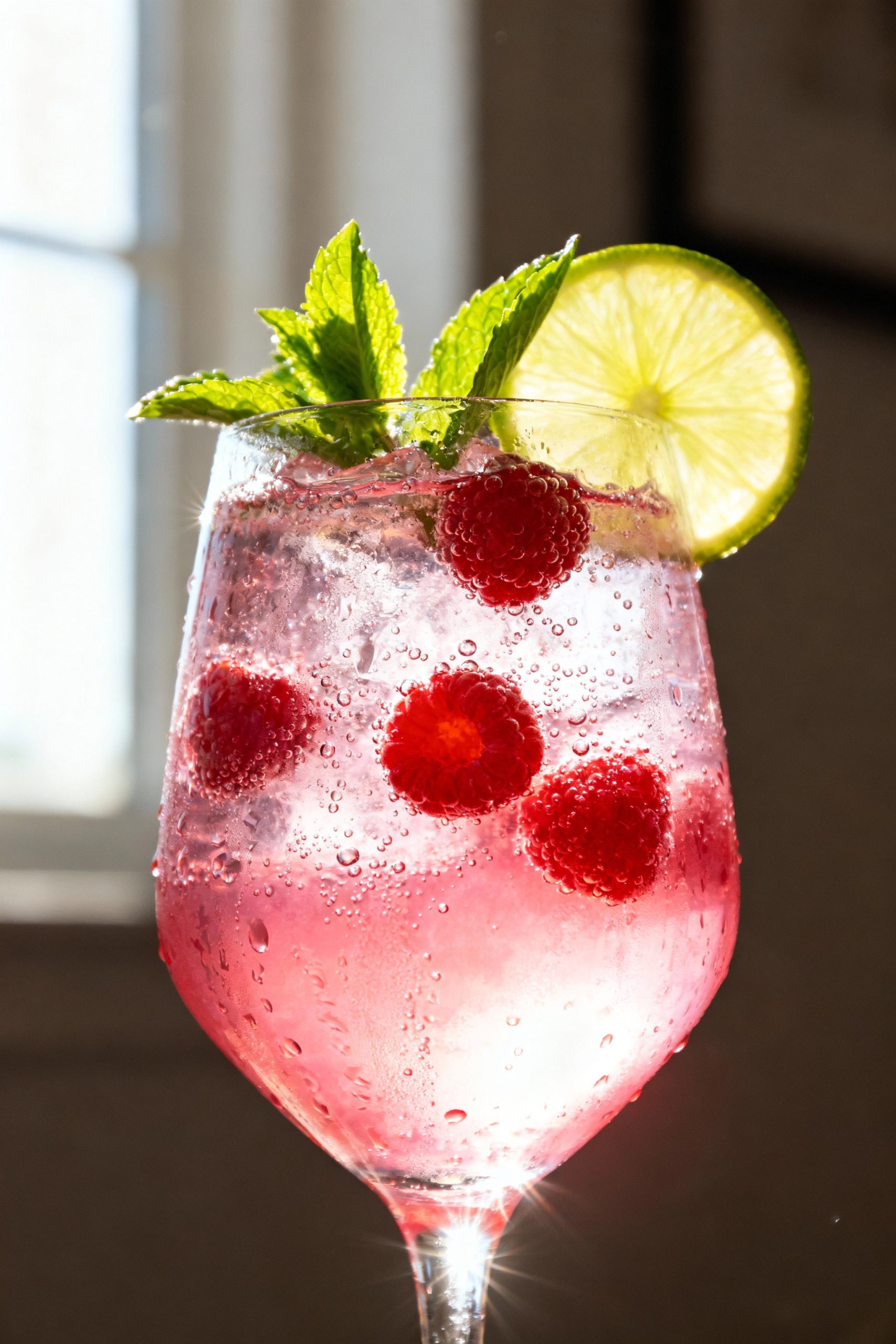 A tall glass of a refreshing sparkling raspberry mocktail, backlit by sunlight, and garnished with fresh raspberries, mint sprigs, and a lime wheel.