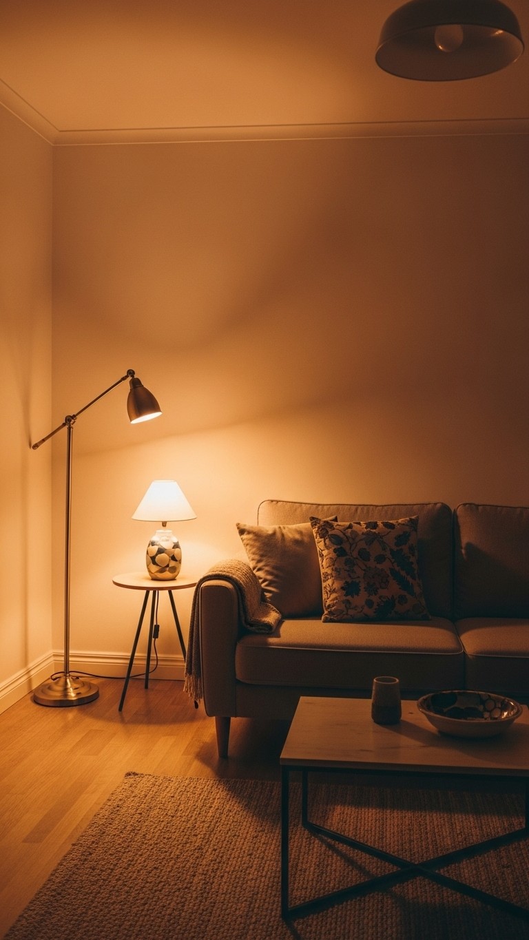 A cozy living room at night with layered lighting from a floor lamp and a table lamp, making a warm and spacious ambiance.