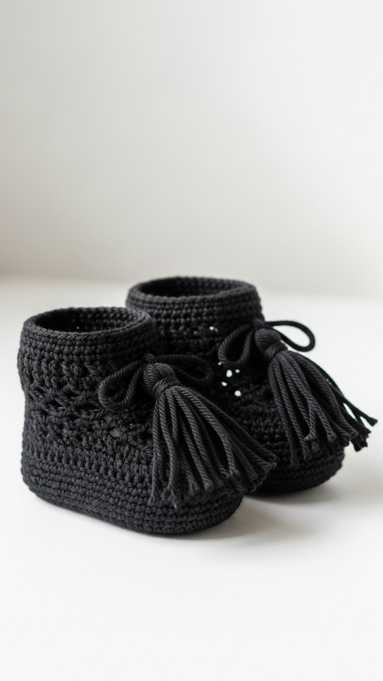 A pair of chic black crocheted baby booties featuring a high ankle and tie-closures ending in large, prominent tassels, on a plain white background.