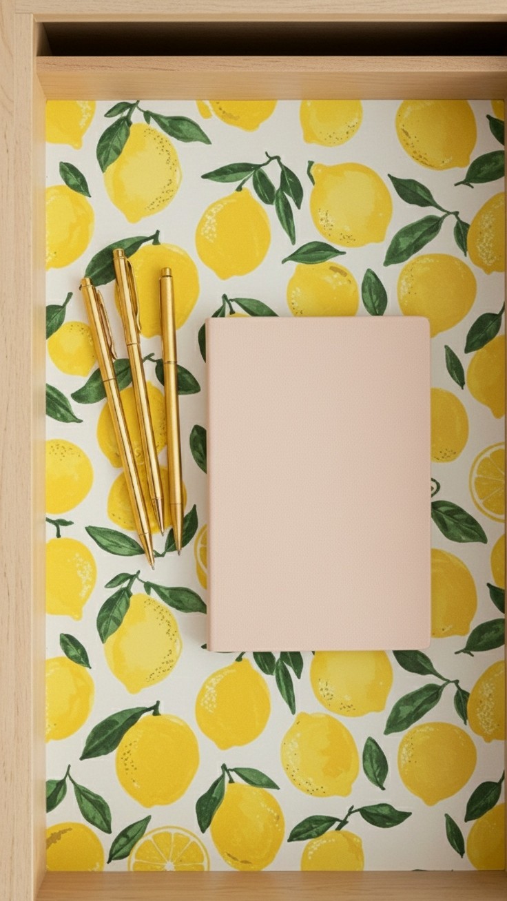 An open drawer lined with a cheerful yellow lemon pattern peel and stick wallpaper, holding gold pens and a pink notebook.