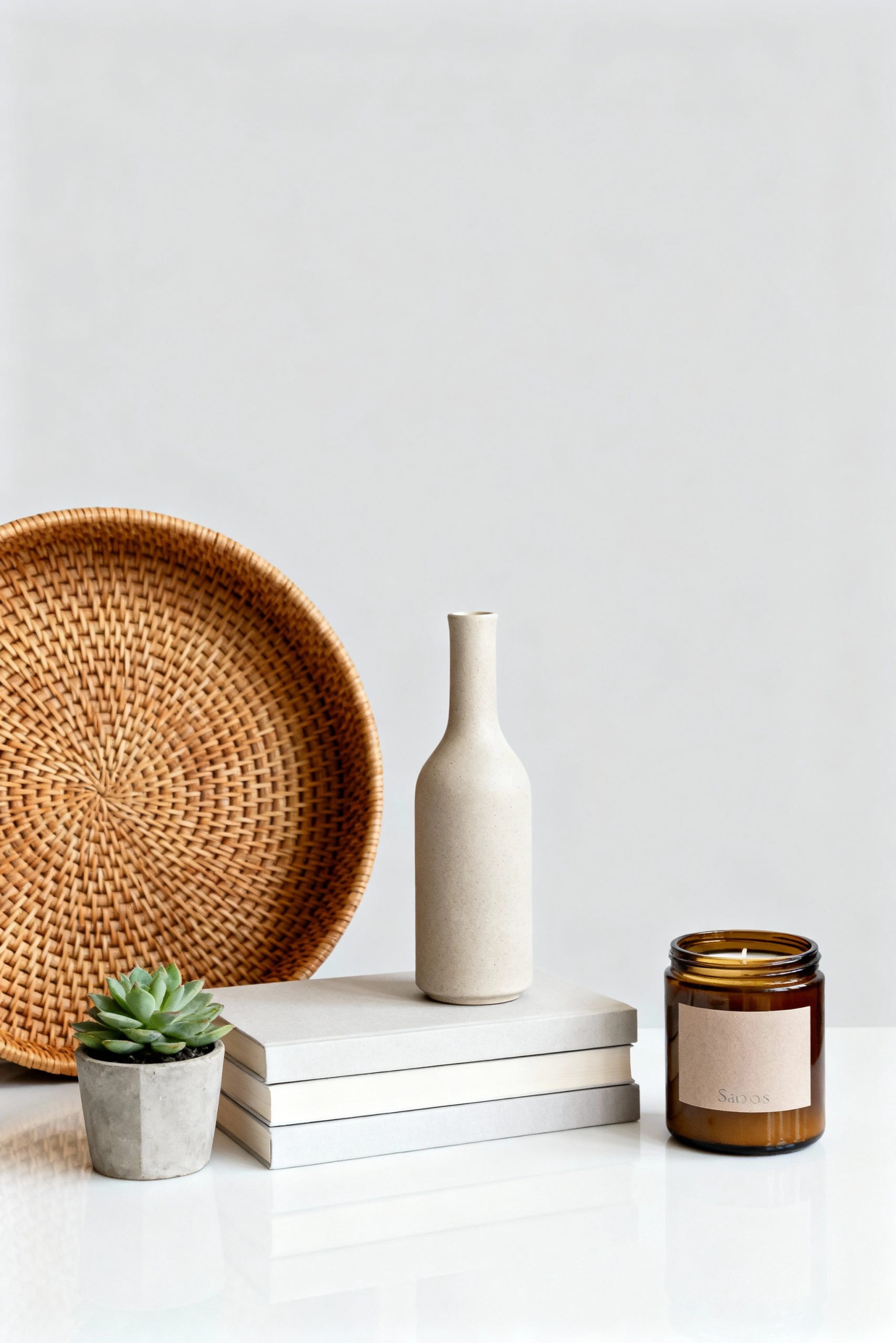 collection of essential coffee table styling items including a wicker tray, books, a vase, a succulent, and a candle, arranged on a neutral background.