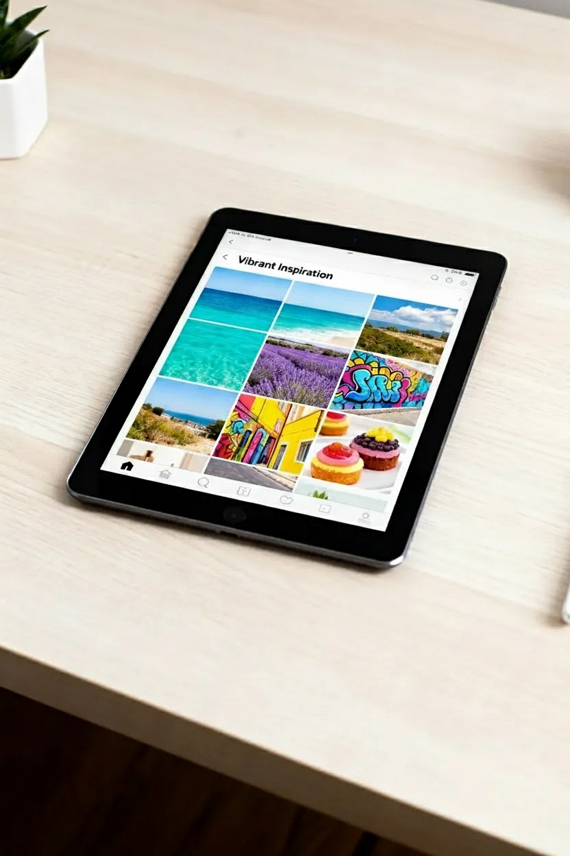 An iPad on a light wooden desk displaying a Pinterest vision board titled 'Vibrant Inspiration,' filled with colorful and joyful images.