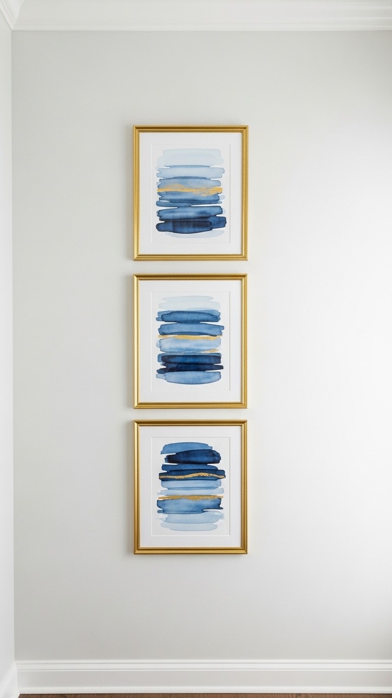 Three matching gold-framed art prints with blue and gold abstract brushstrokes, hung vertically on a light gray wall.