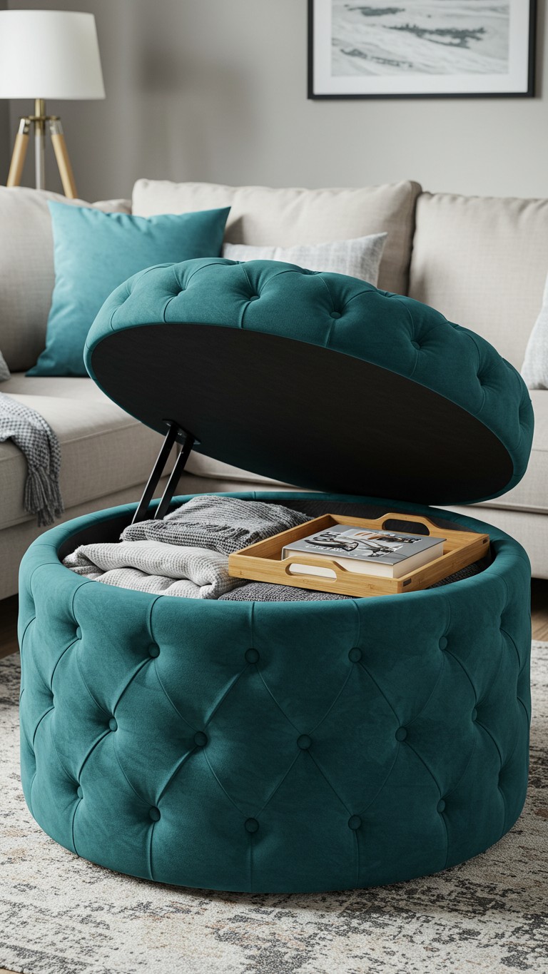 A stylish teal tufted storage ottoman with its lid open, revealing blankets inside to show its multi-functional use as storage and a coffee table.