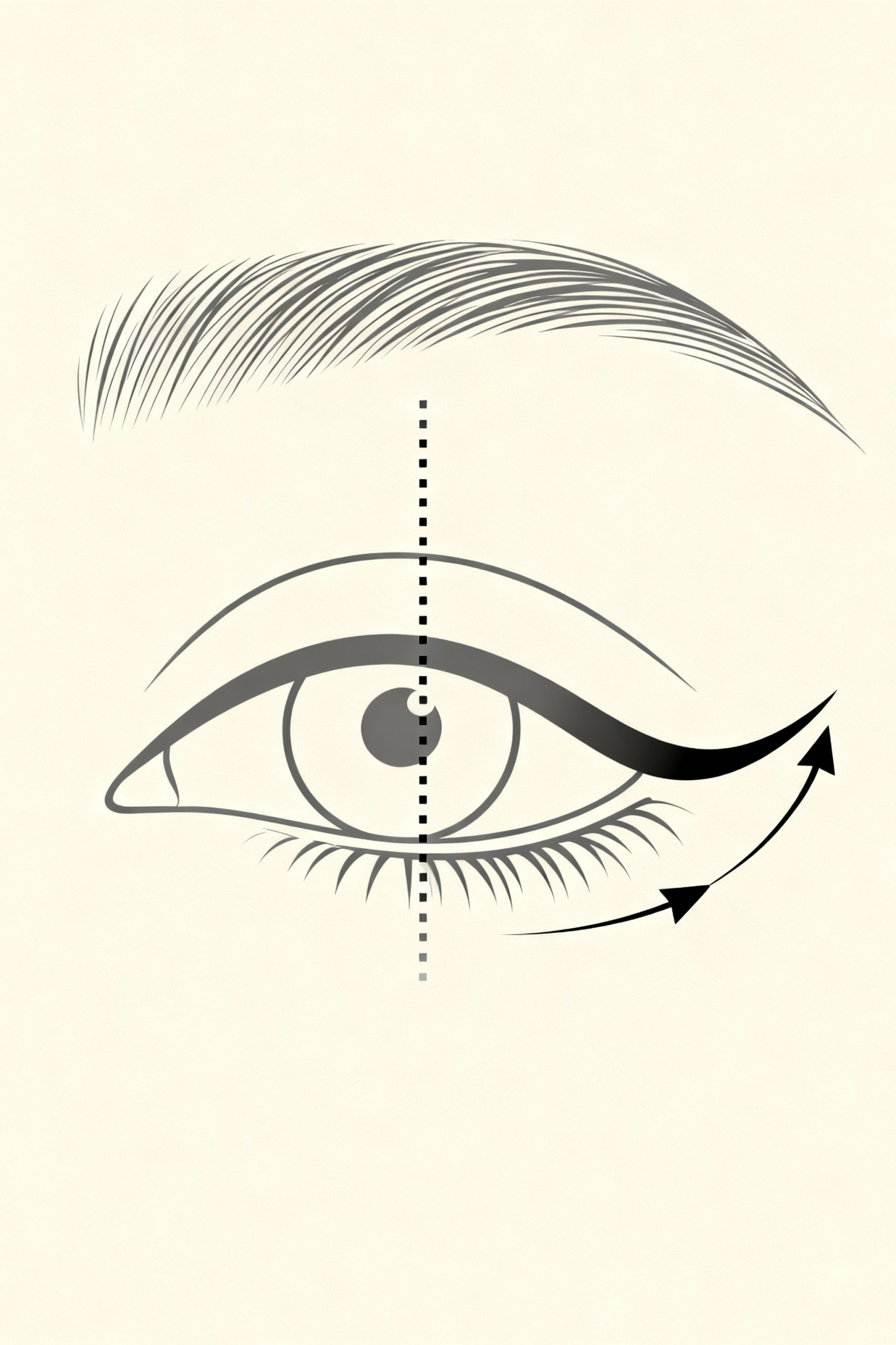 Line art illustration showing the outer-third eyeliner trick. A dotted vertical line marks the pupil's center, and an eyeliner wing is drawn on the outer corner. Arrows demonstrate the correct upward angle from the lower lash line to create a lifting effect.