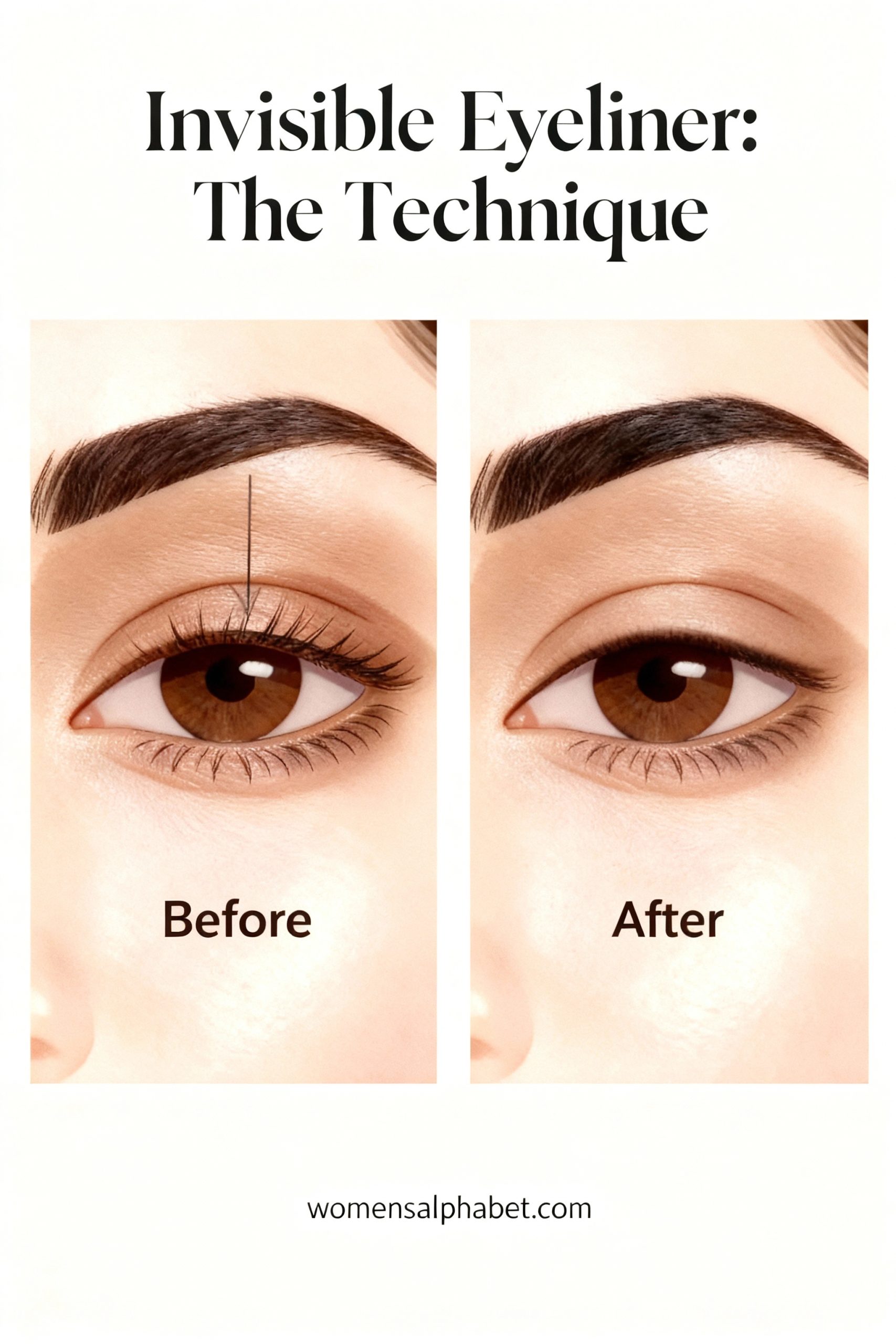A before and after comparison infographic of the invisible eyeliner technique. The "Before" image shows an eye without makeup. The "After" image shows the same eye with the upper waterline tightlined, making the lash line look fuller and more defined without a visible eyeliner line.