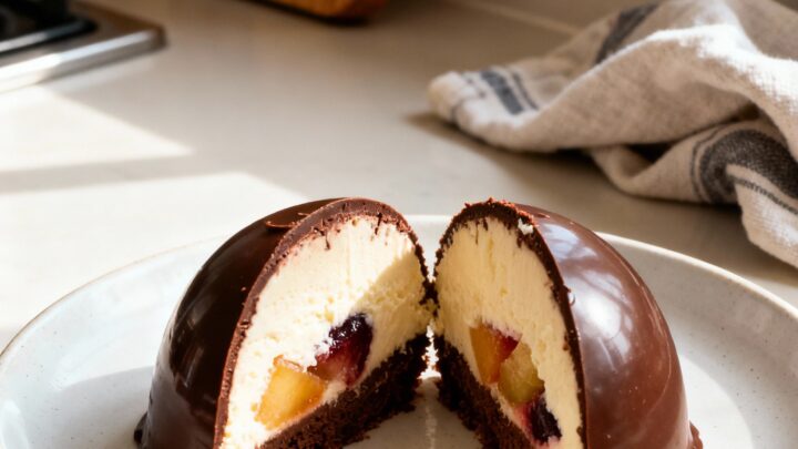 Decadent Chocolate Glazed Mousse Domes with a Fruit Center