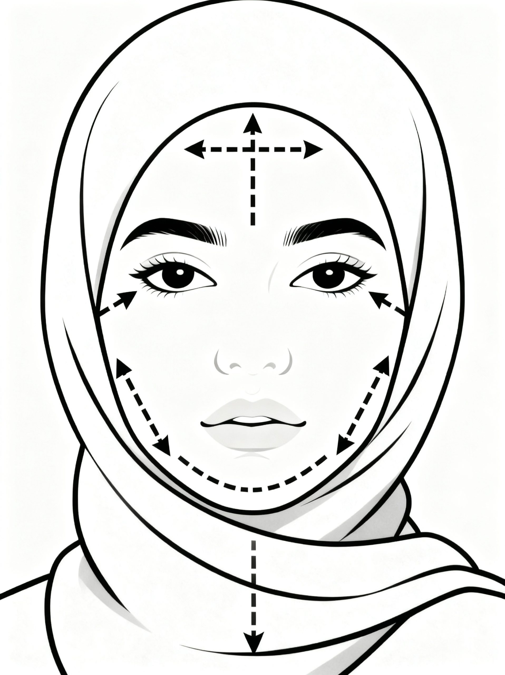 Black and white line-art infographic showing a hijabi model demonstrating the 4 steps of a facial massage for puffiness, with dashed arrows indicating the correct direction for the forehead, under-eyes, cheeks, and neck.