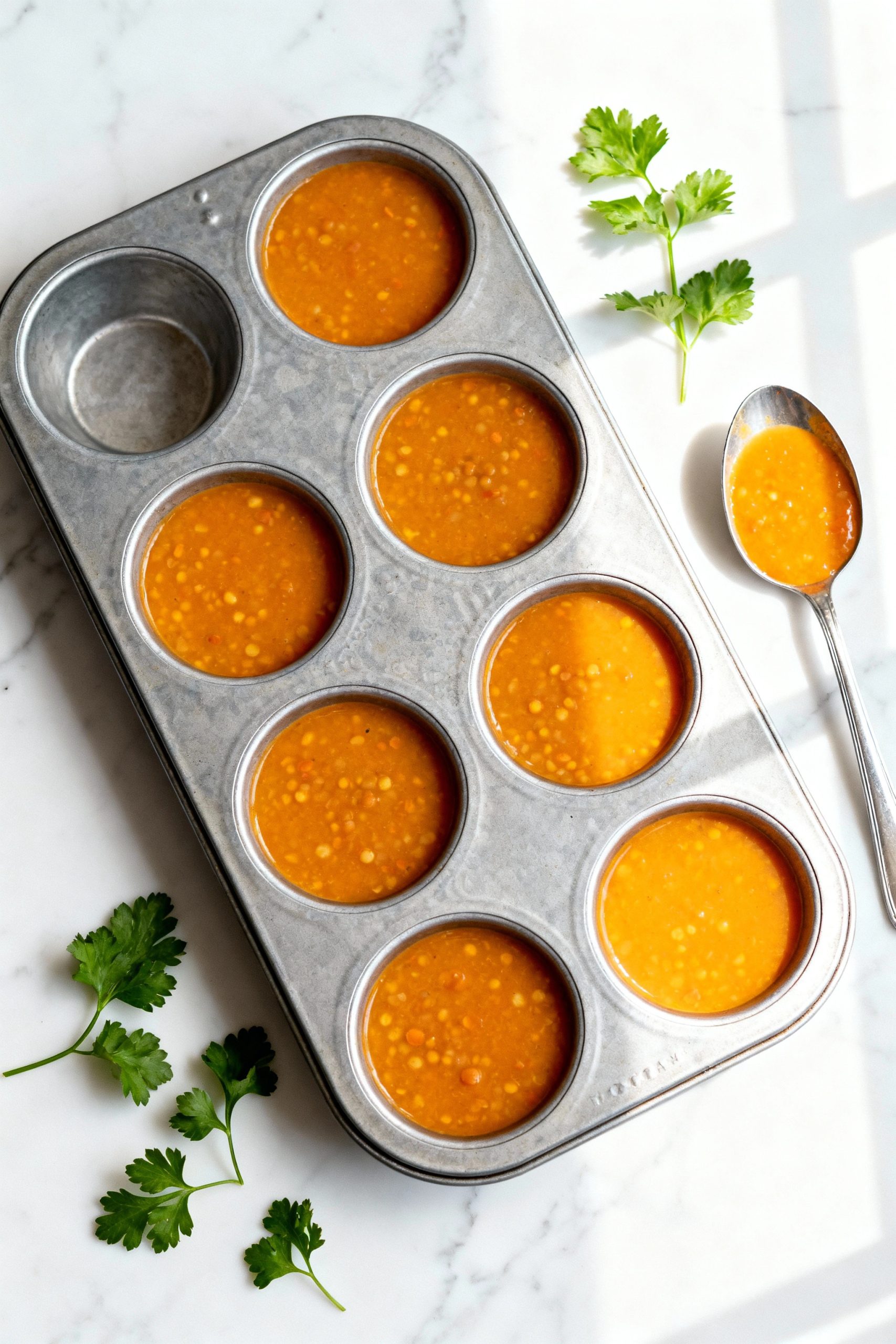 A top-down view of a metal muffin tin on a white marble counter, with its cups filled with orange lentil soup, demonstrating a kitchen hack for portioning and freezing leftovers.