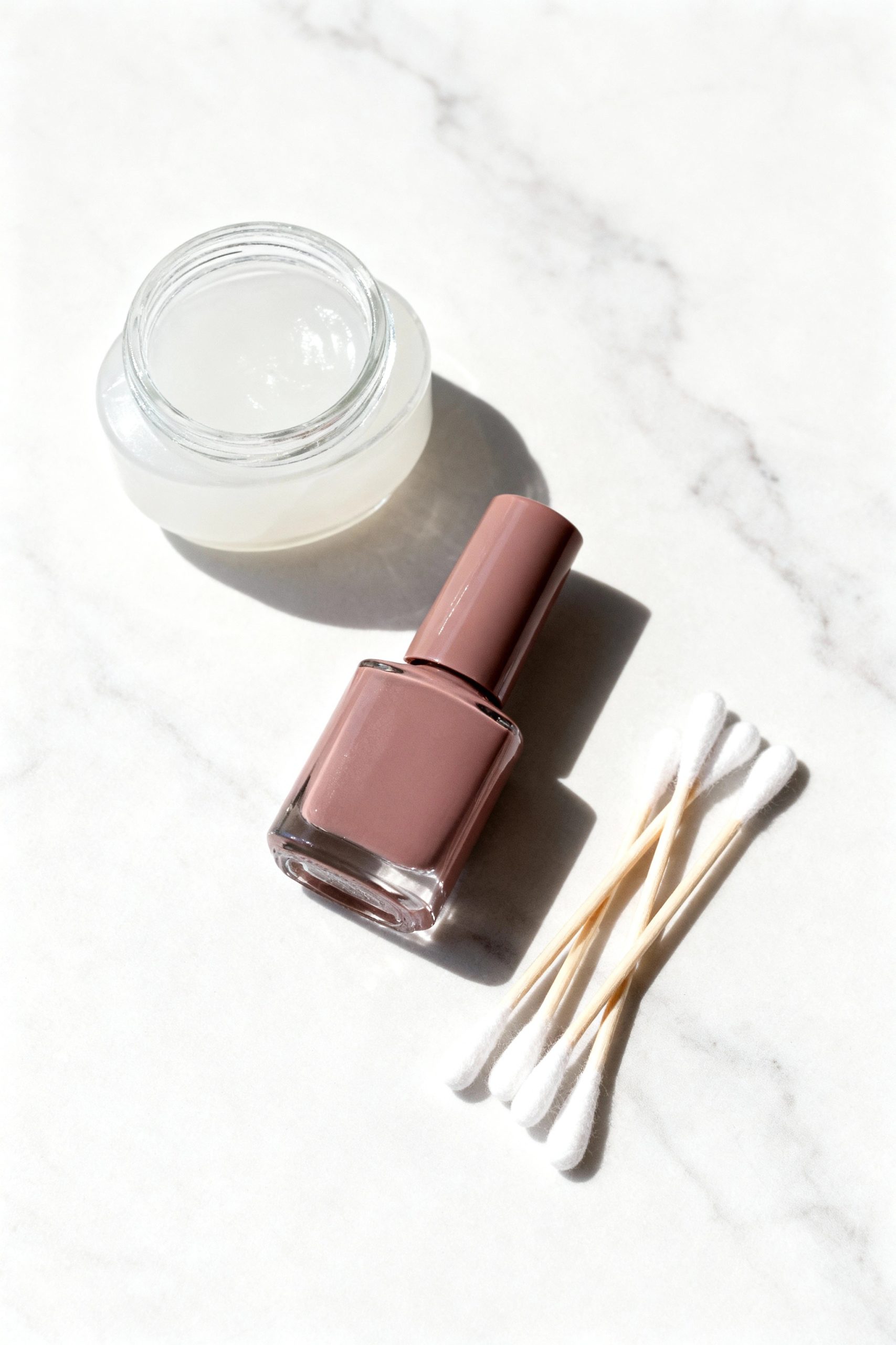Overhead view of a jar of petroleum jelly, a bottle of dusty rose nail polish, and several cotton swabs arranged on a white marble background.