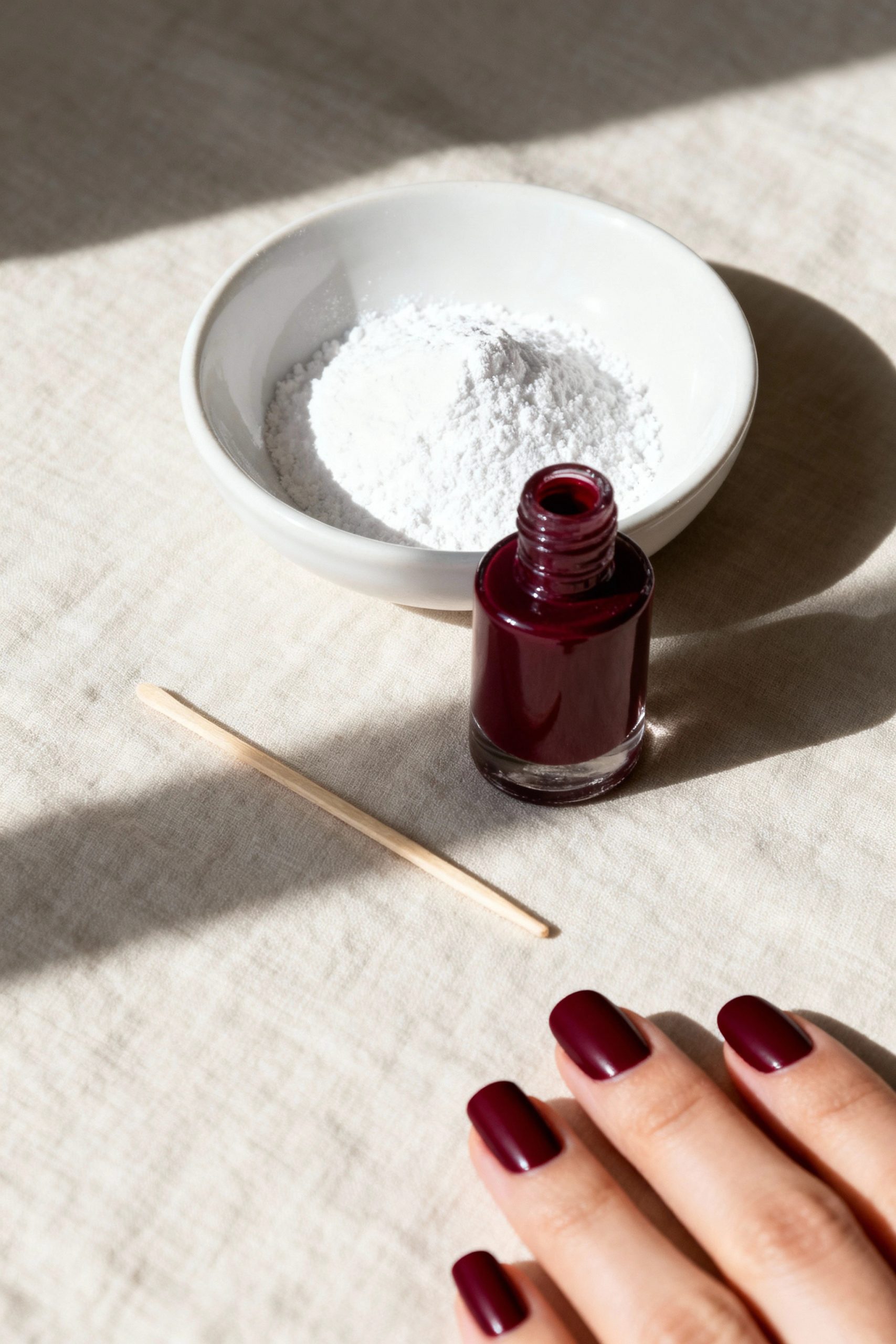 A close-up flat lay showing the ingredients for a DIY matte manicure: a bottle of burgundy nail polish and a bowl of cornstarch. In the foreground, a woman's hand displays the final result with flawless, velvety matte burgundy nails.