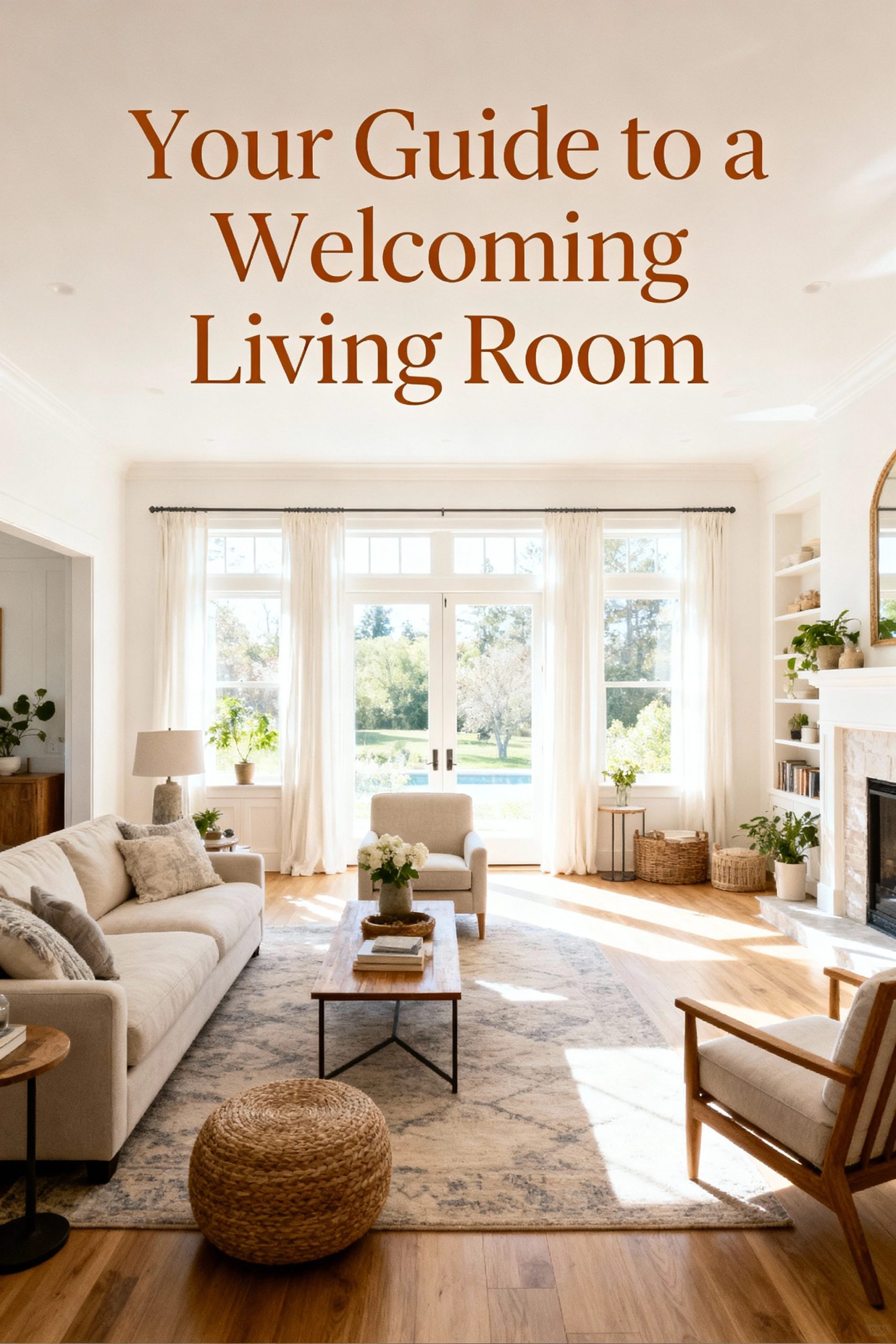 A bright and airy living room with a neutral sofa and large windows, featuring the text "Your Guide to a Welcoming Living Room".