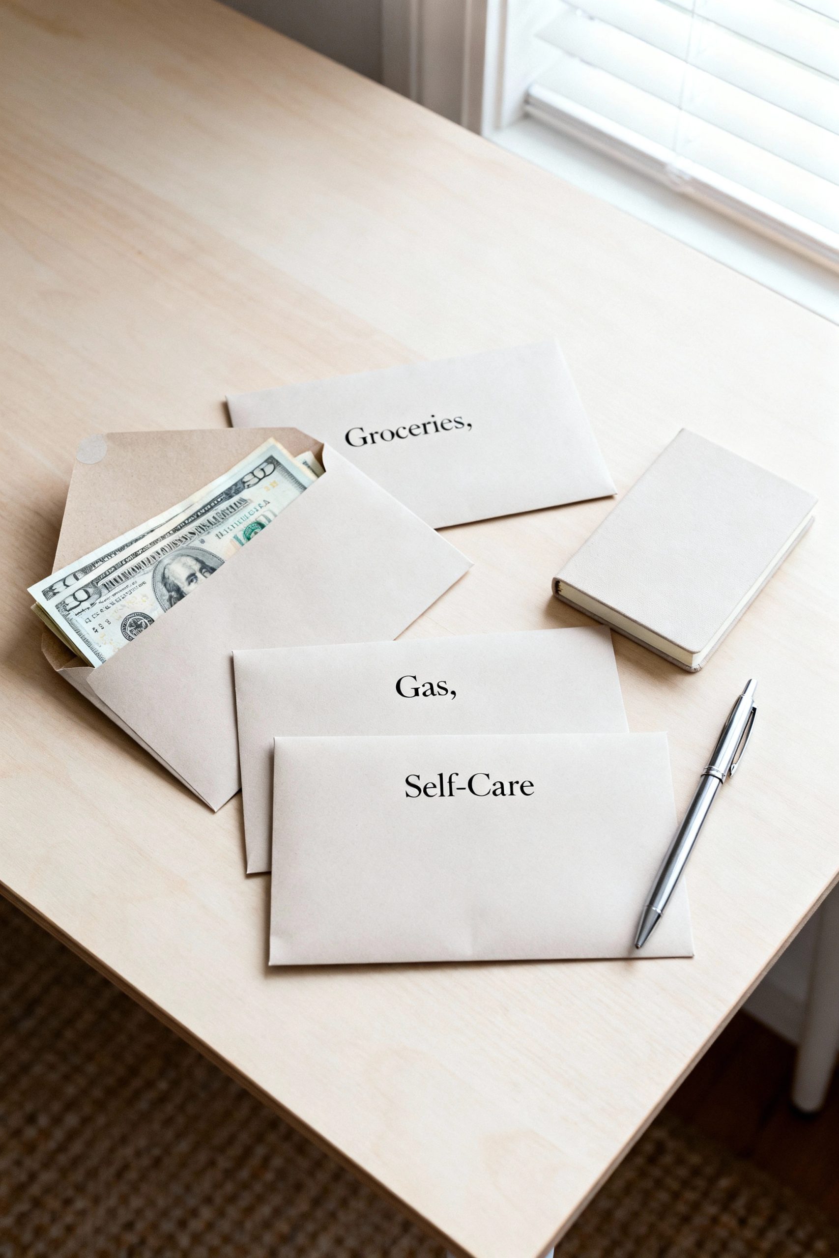 A flat lay of the cash envelope system on a light wood desk. Labeled envelopes for Groceries, Gas, and Self-Care are arranged with a pen, a notebook, and US dollar bills.