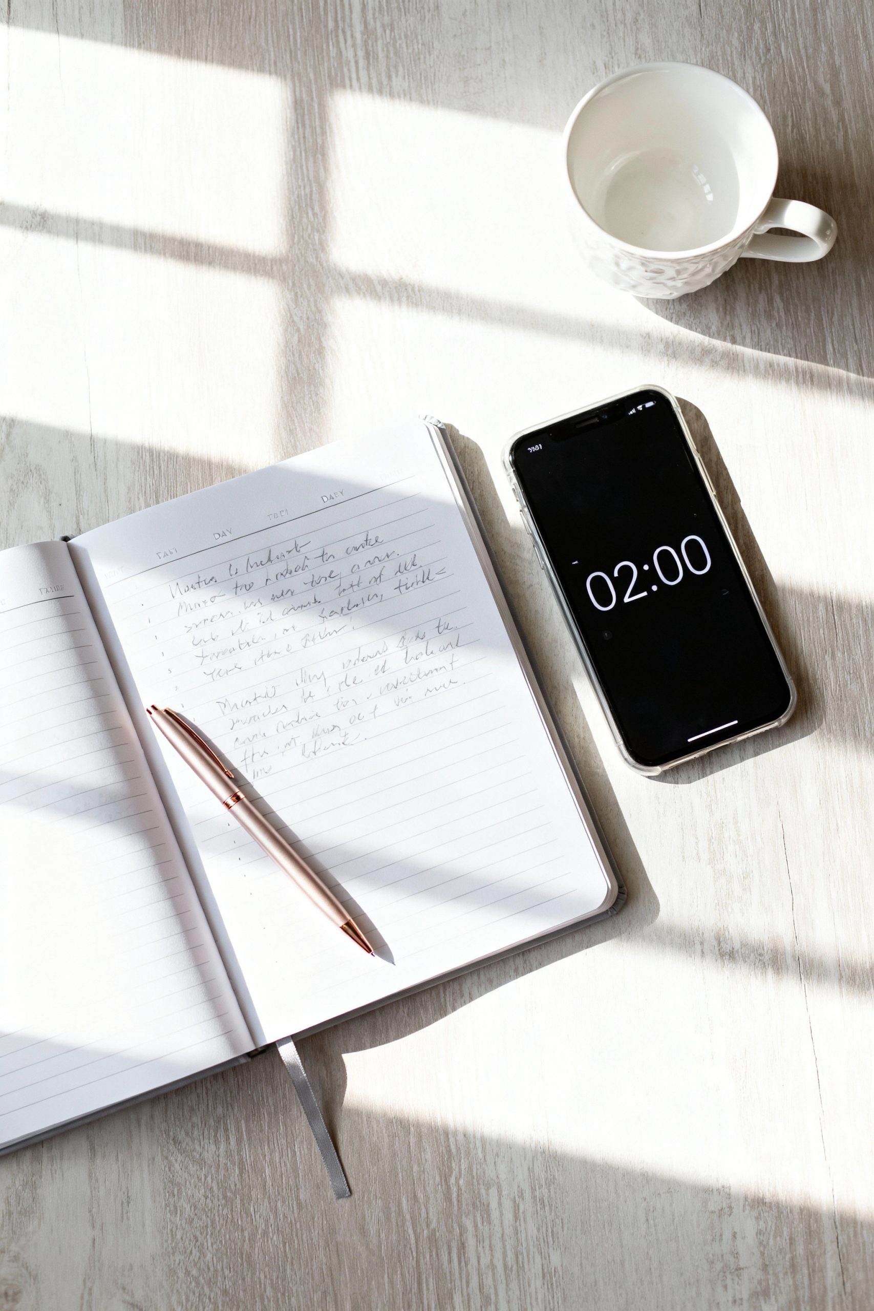 A flat lay of an open planner and a smartphone on a light wooden desk. The smartphone screen displays a timer set to 2:00, illustrating the 2-minute rule for productivity. A pen rests on the planner, and a white cup is in the background, with natural sunlight casting shadows across the scene.
