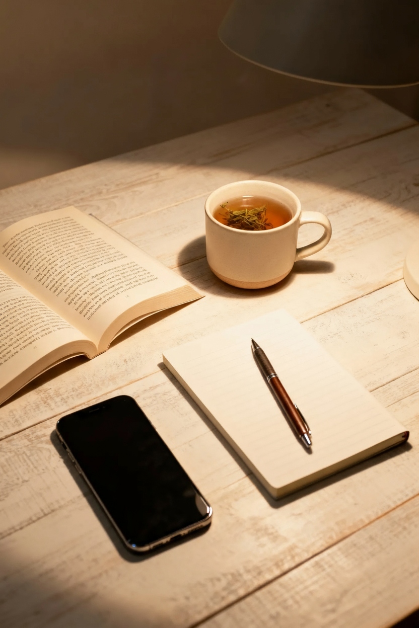 A cozy evening scene showing a digital sunset routine with an open book, a journal, a cup of herbal tea, and a smartphone turned face down on a wooden table under warm light.