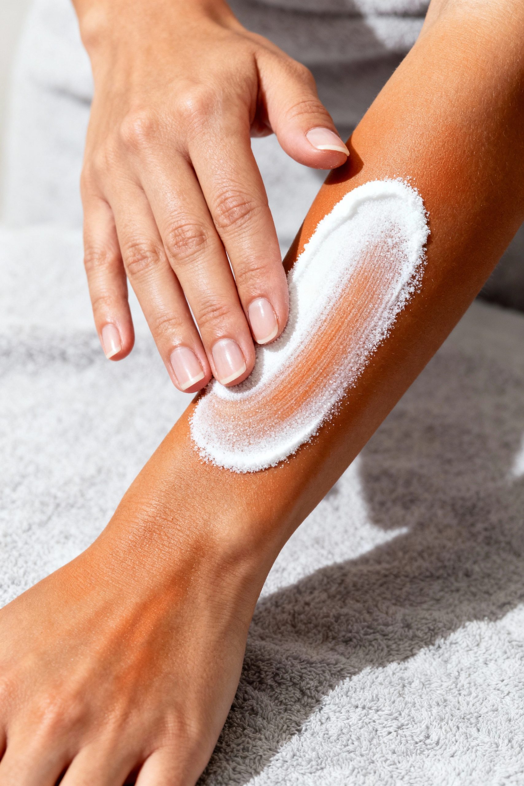 A close-up shot of a hand gently applying a white baking soda paste to a self-tanner streak on an arm, demonstrating a DIY beauty fix.