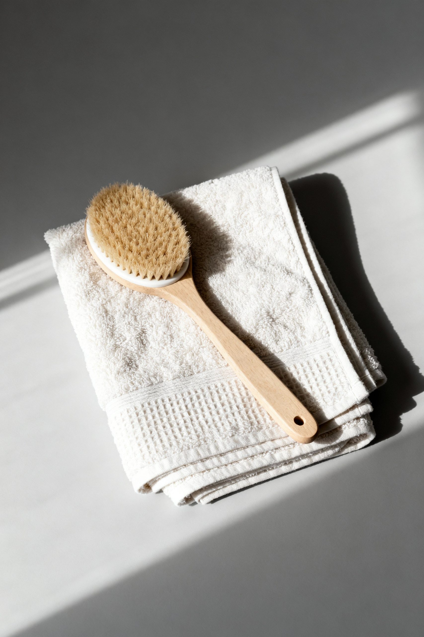 A top-down view of a natural bristle body brush with a wooden handle, placed on a clean, folded white towel. The scene is lit by soft, natural light, creating gentle shadows.