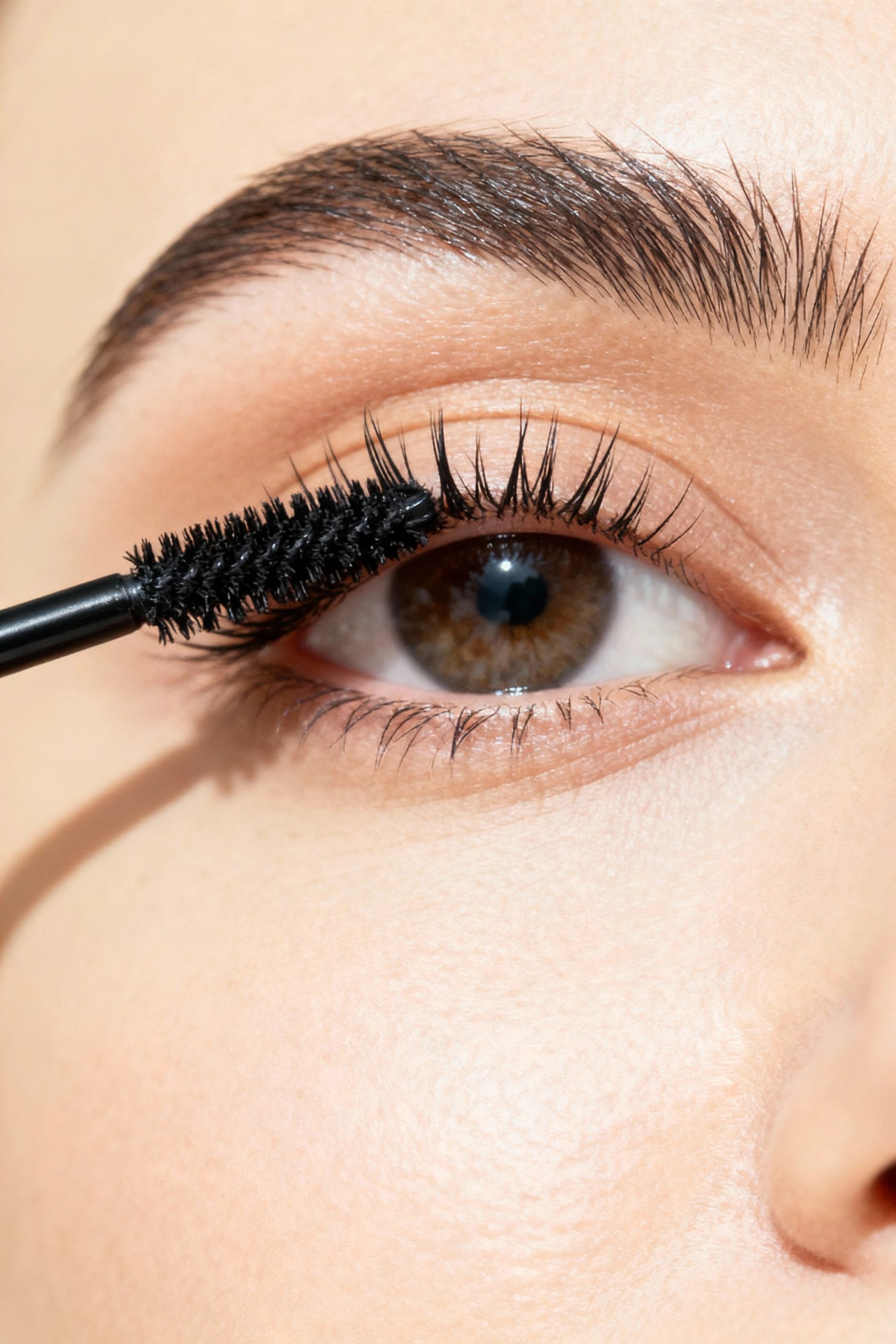 Extreme close-up shot of a mascara wand being applied to the very root of the upper eyelashes, demonstrating the 'wiggle' application technique for volume.