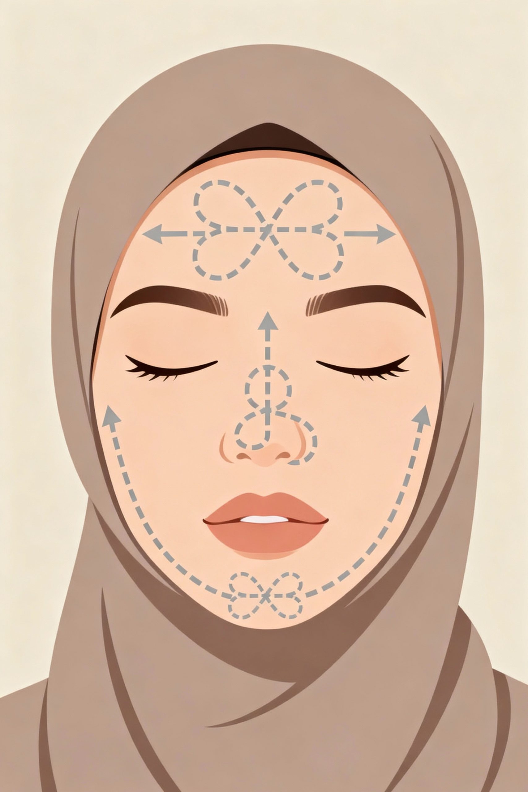 An infographic diagram illustrating the Figure 8 cleansing method on a woman's face wearing a hijab. Dashed arrows show the correct motion for deep cleansing on the forehead, nose, cheeks, and chin.