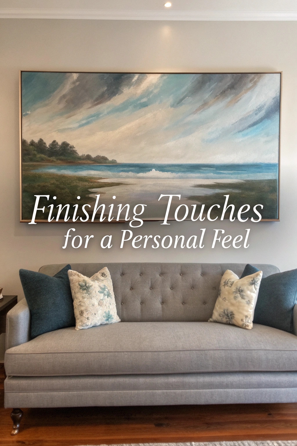 A large, serene landscape painting hangs above a gray tufted sofa, with a text overlay that reads "Finishing Touches for a Personal Feel".