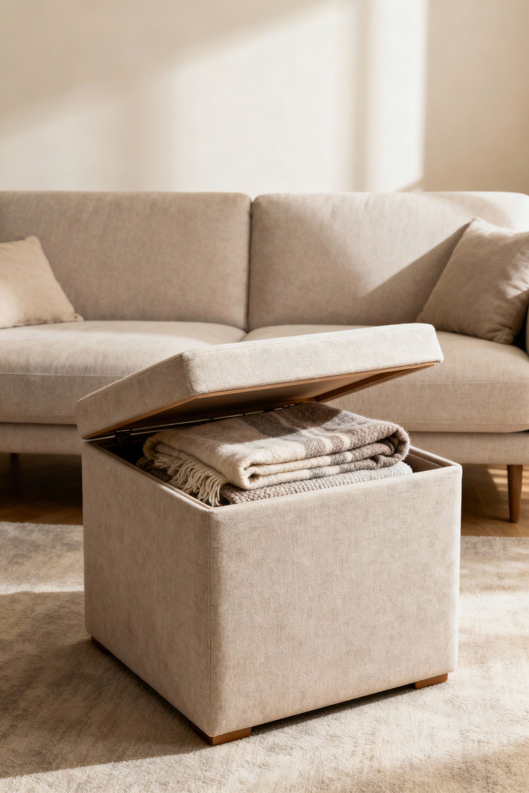 A stylish beige storage ottoman placed in front of a sofa, with its lid slightly open to reveal neatly folded blankets stored inside.
